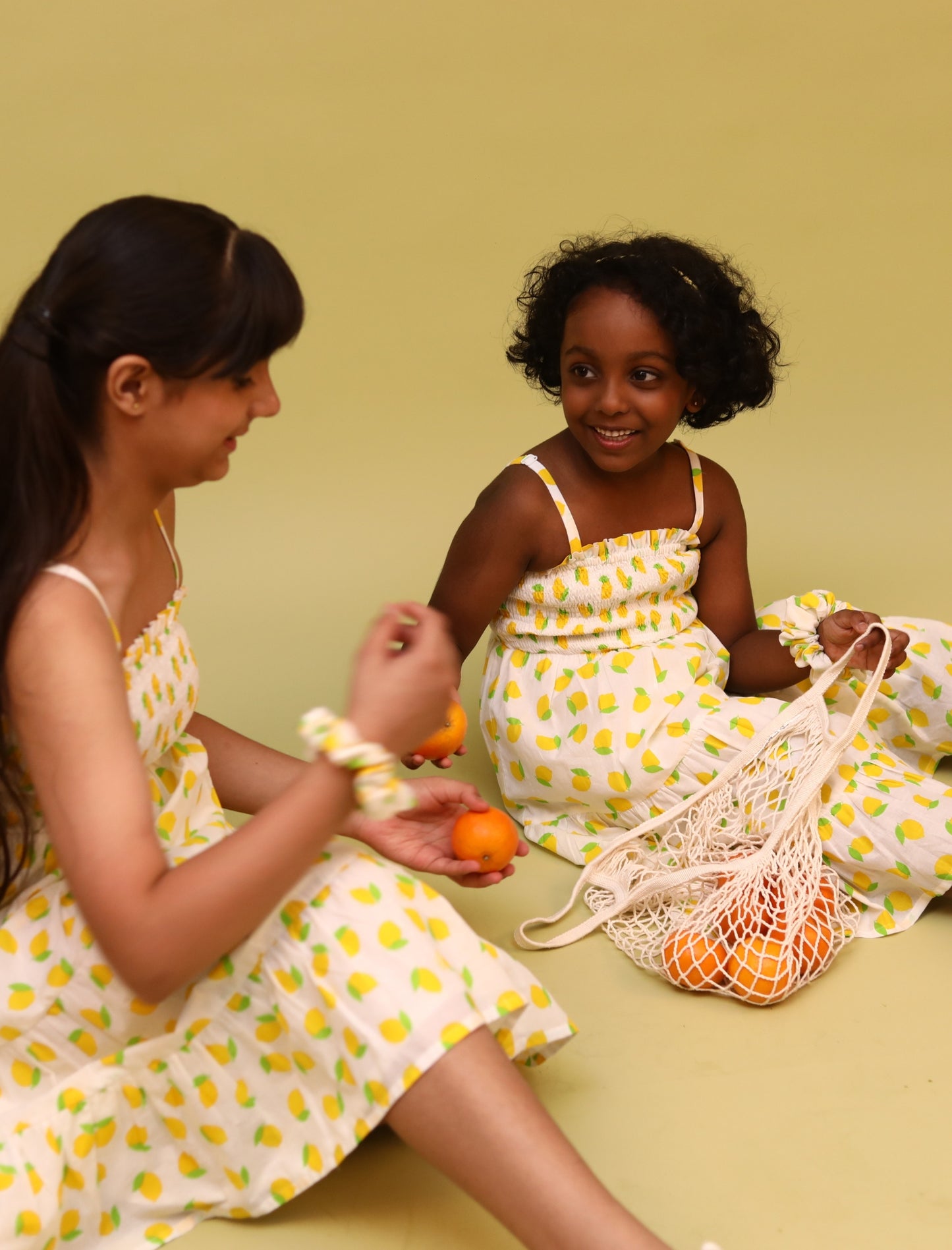 Kids Girls Lemon Printed Pure Cotton Premium Summer Dress with Scrunchies (Yellow)