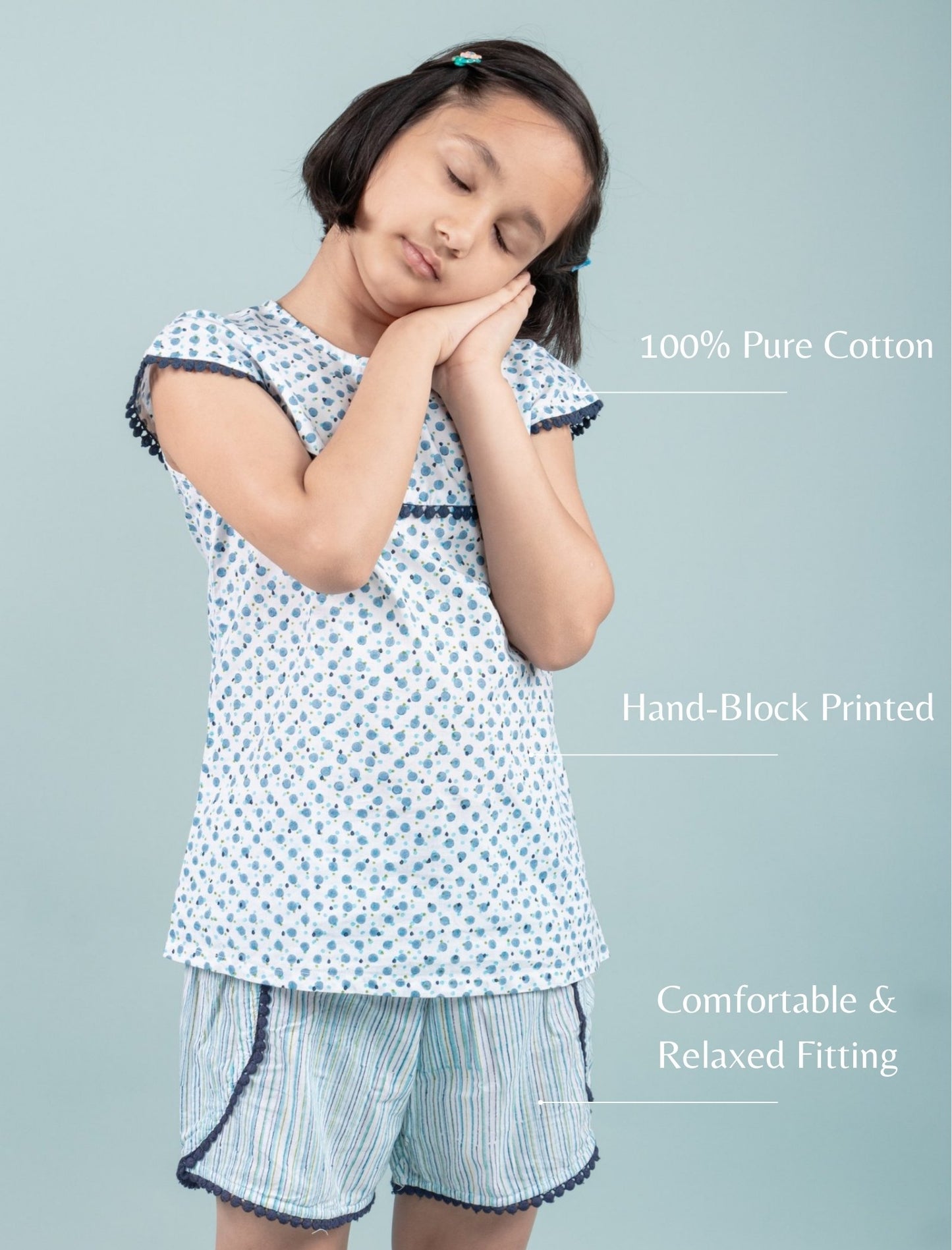 Girls Kids Pure Cotton Hand Block Printed Co-ord Set (Blue)