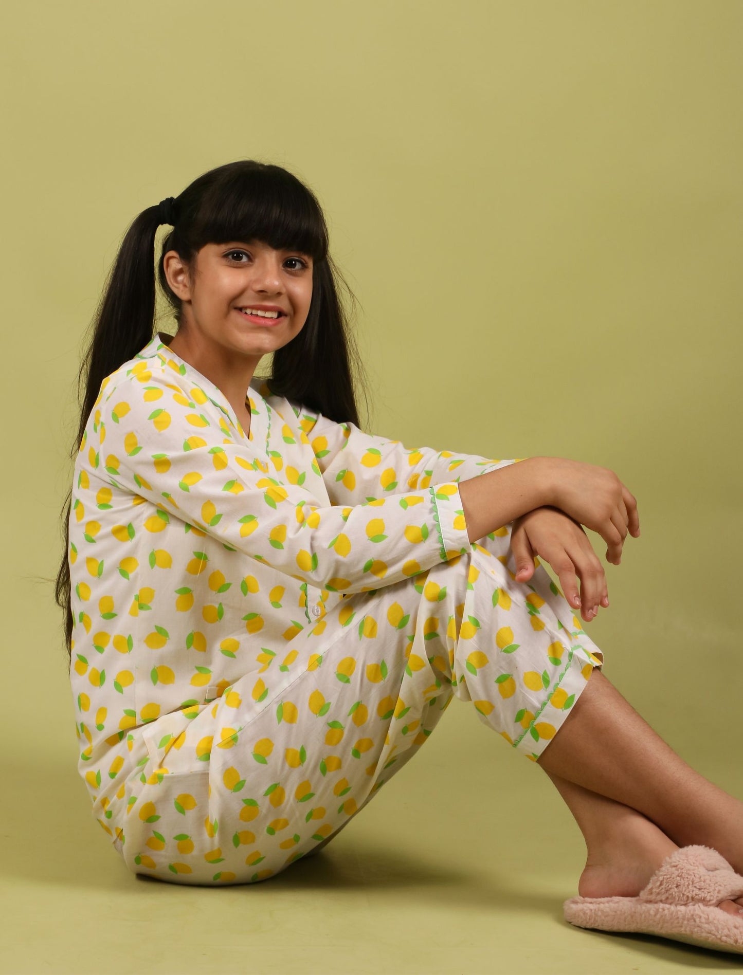 Girls Kids Pure Cotton Lemon Printed Sleepwear Full Sleeve (Lemon Yellow)