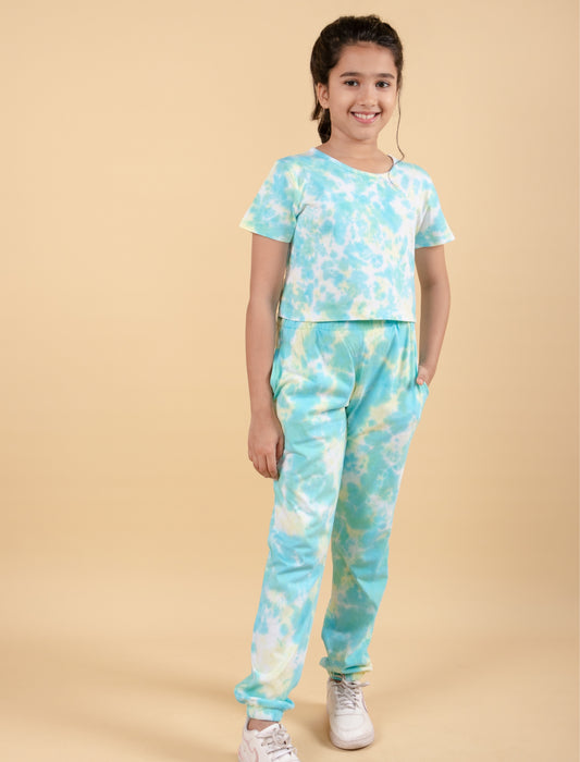 Girls Kids Tie-Dye Co-ord Set with Joggers Pant and Crop Top For Summer Wear (Green)