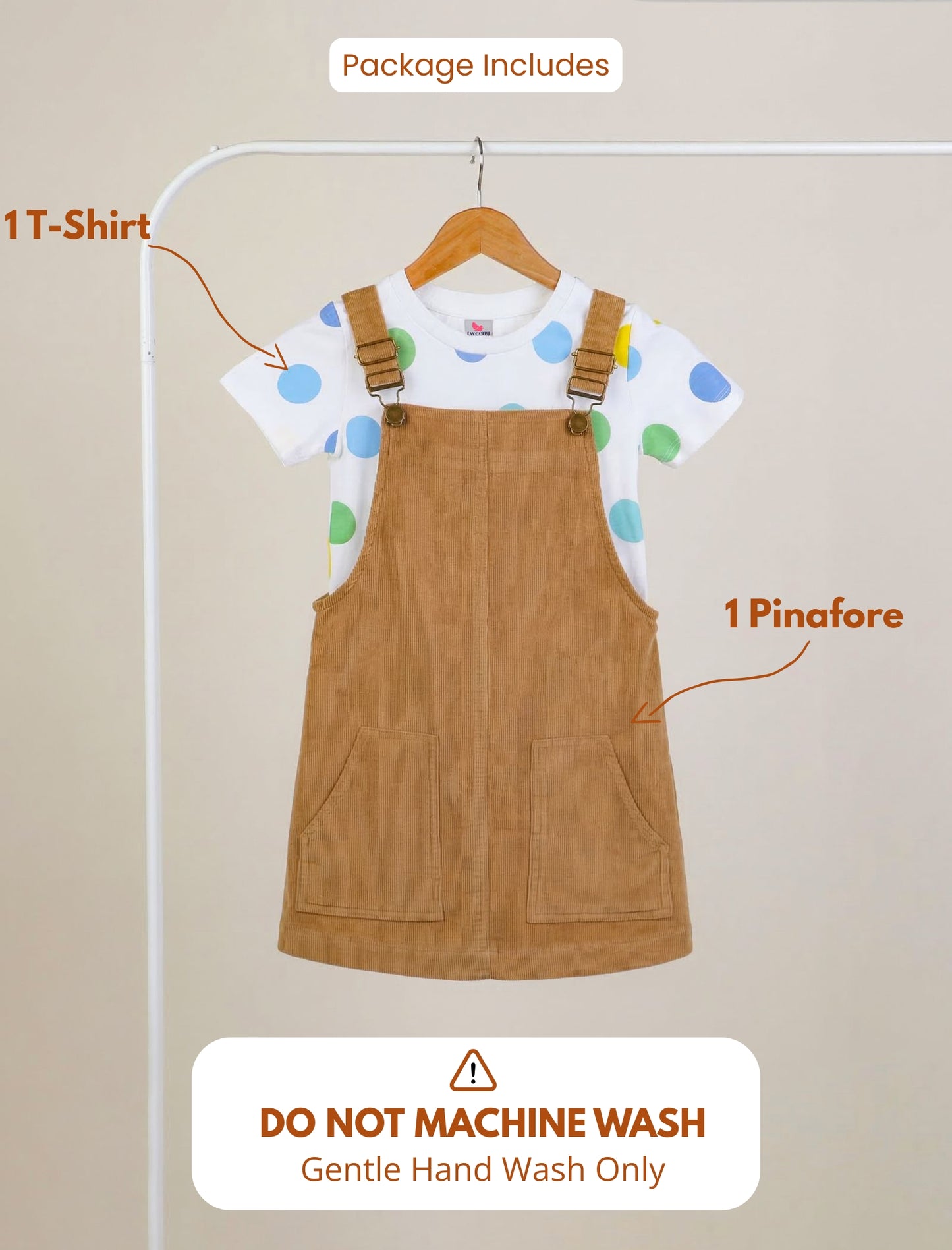 Classic Corduroy Girls Kids Pinafore Dress with Half Sleeve T-Shirt (Beige)