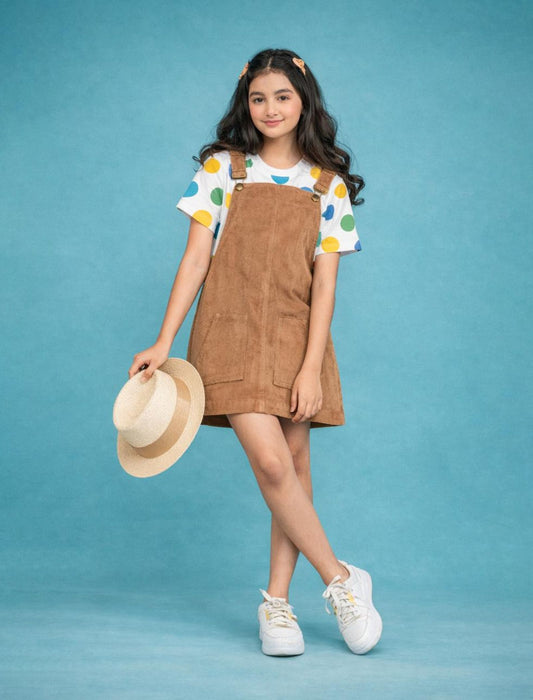 Classic Corduroy Girls Kids Pinafore Dress with Half Sleeve T-Shirt (Beige)