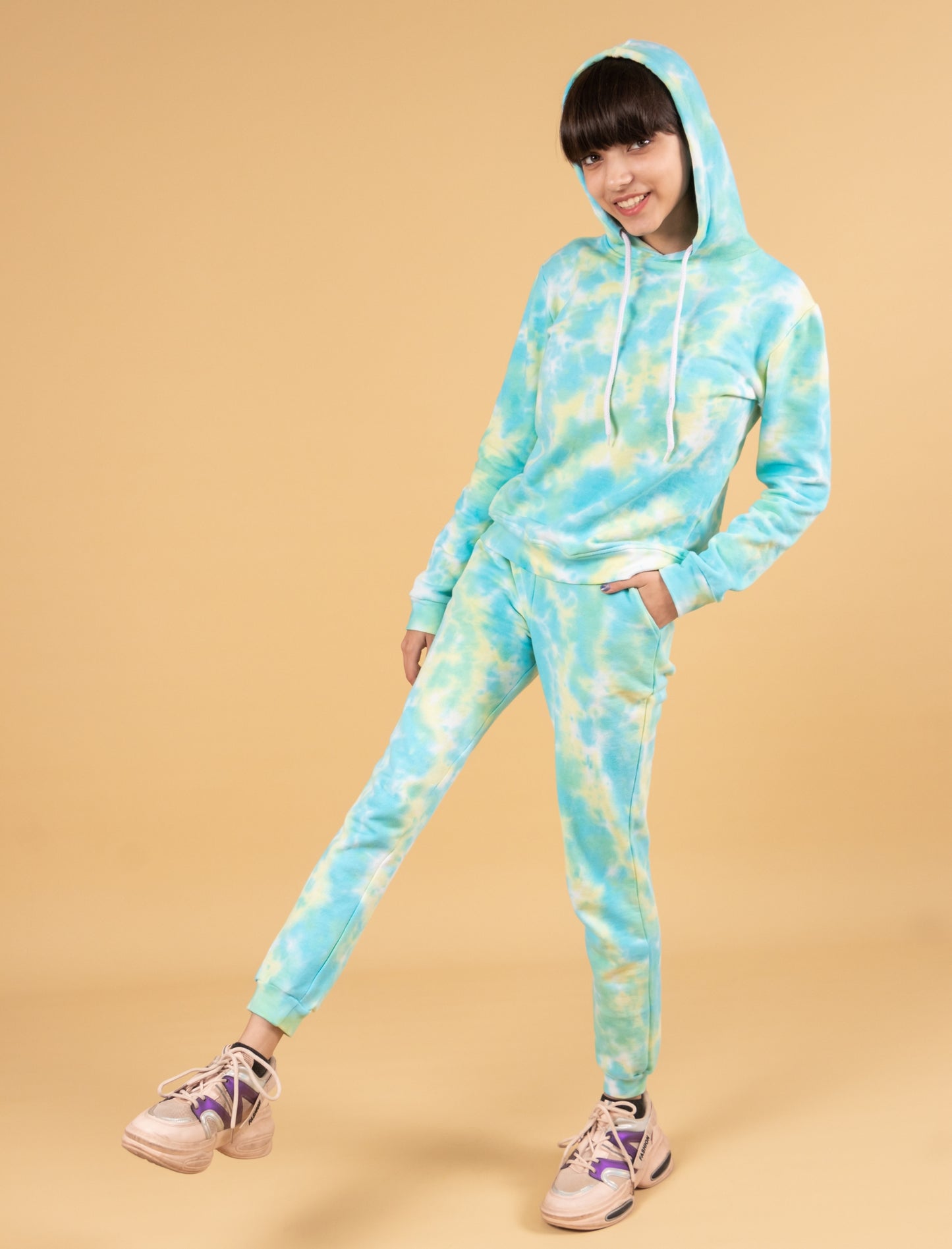 Girls Kids Winter Tie-Dye Hoodie Joggers Track Suit Set (Lemon Green)
