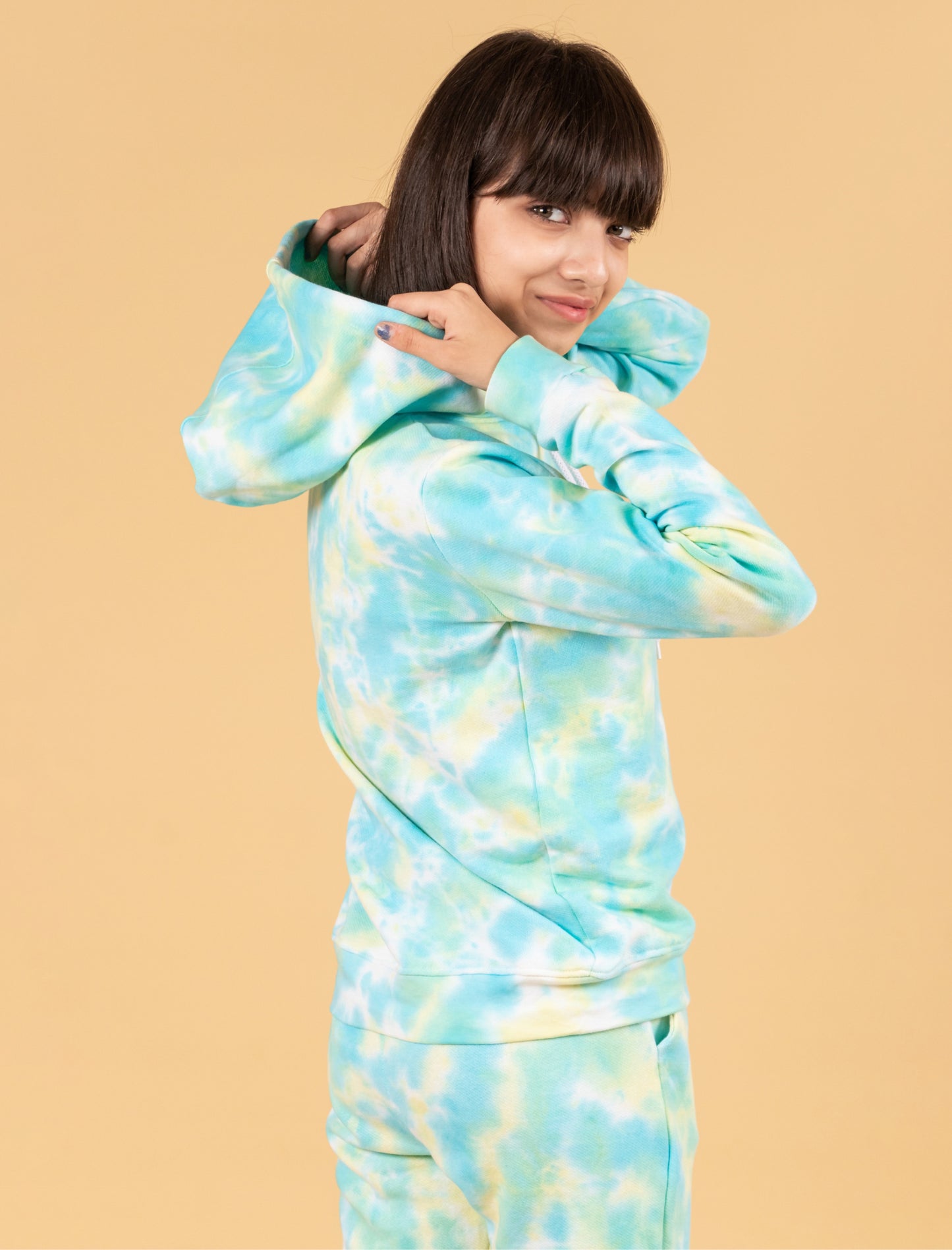 Girls Kids Winter Tie-Dye Hoodie Joggers Track Suit Set (Lemon Green)