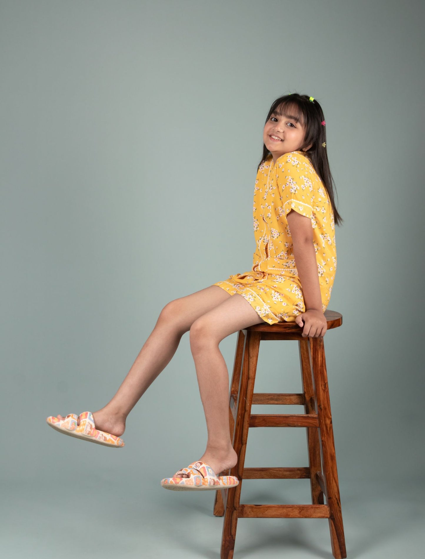 Girls Kids Pure Rayon Floral Print Summer Nightsuit (Half Sleeve, Yellow)