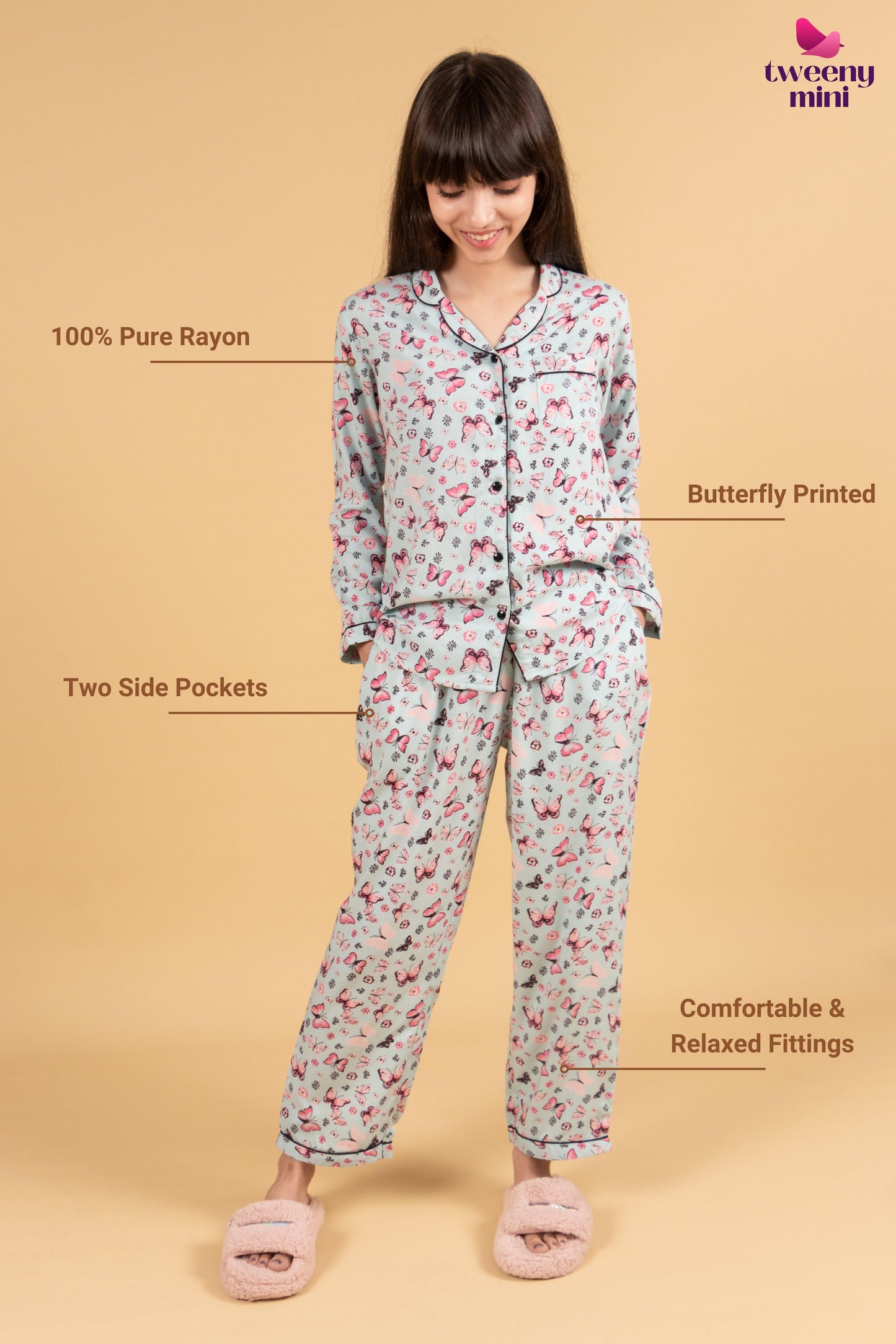 Charming Butterfly Printed Nightsuit (Blue)