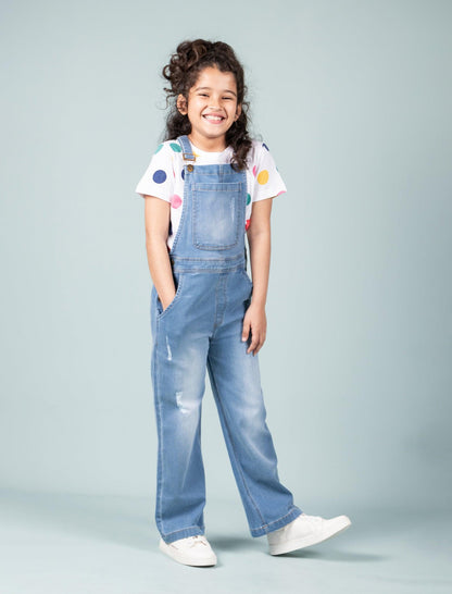 Girls Kids Summer Premium Denim Dungaree with T'shirt Combo Set (Light Blue) - Tweeny Mini