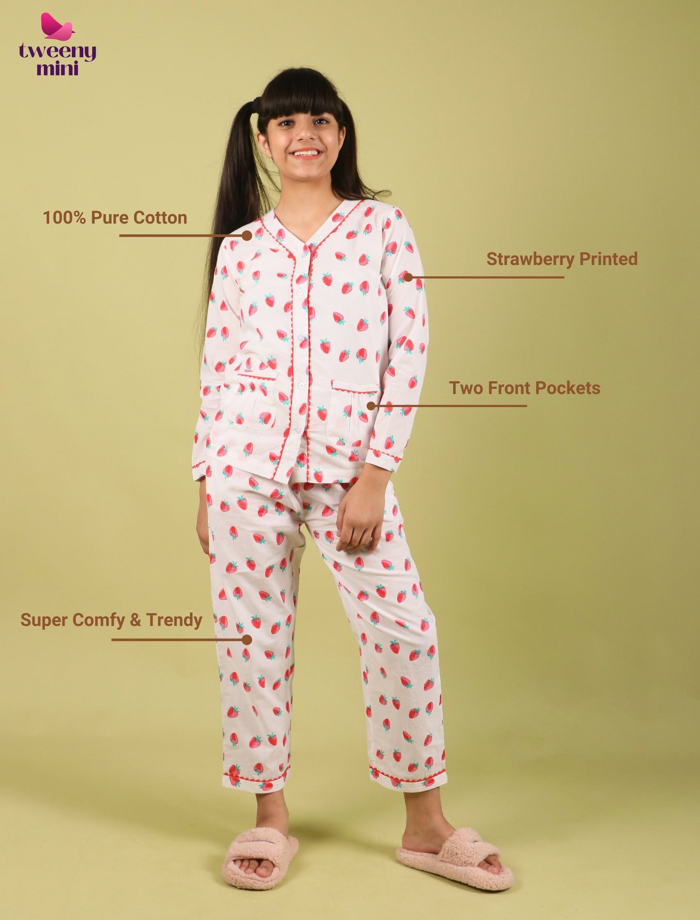 Girls Kids Pure Cotton Strawberry Printed Sleepwear Full Sleeve (Red, Strawberry)