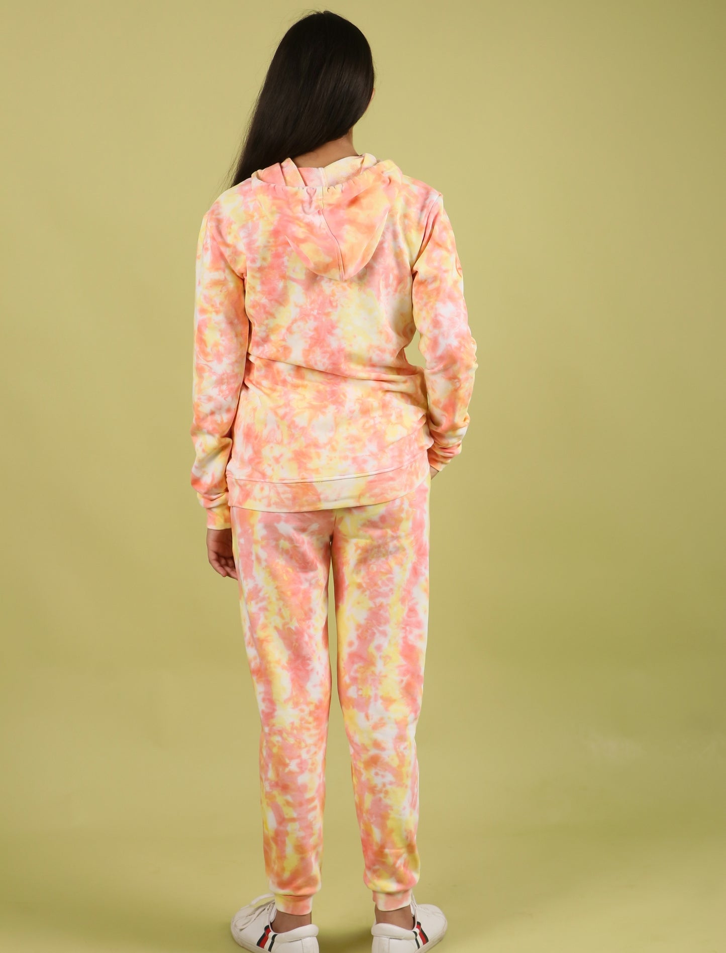 Girls Kids Winter Tie-Dye Hoodie Joggers Track Suit Set (Peach)