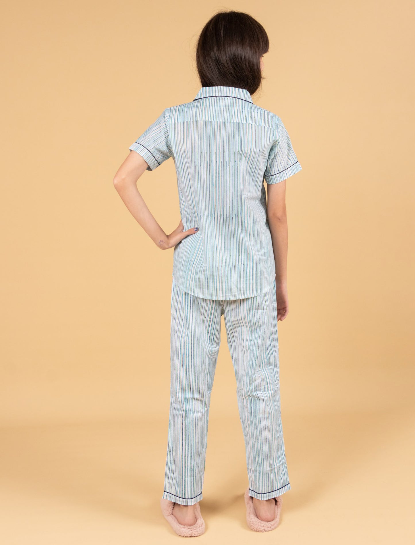 Girls Kids Hand Block Printed Striped Sleepwear Set (Blue)