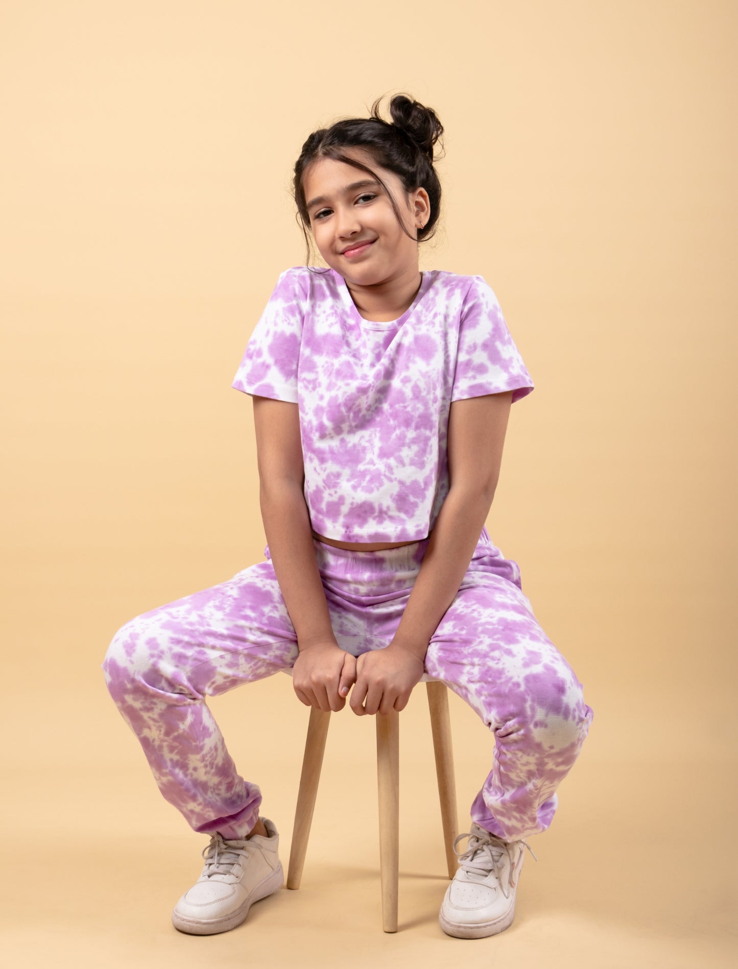 Girls Kids Co-ord Set Tie-Dye Jogger Pant with Crop Top For Summer Wear (Lavender)