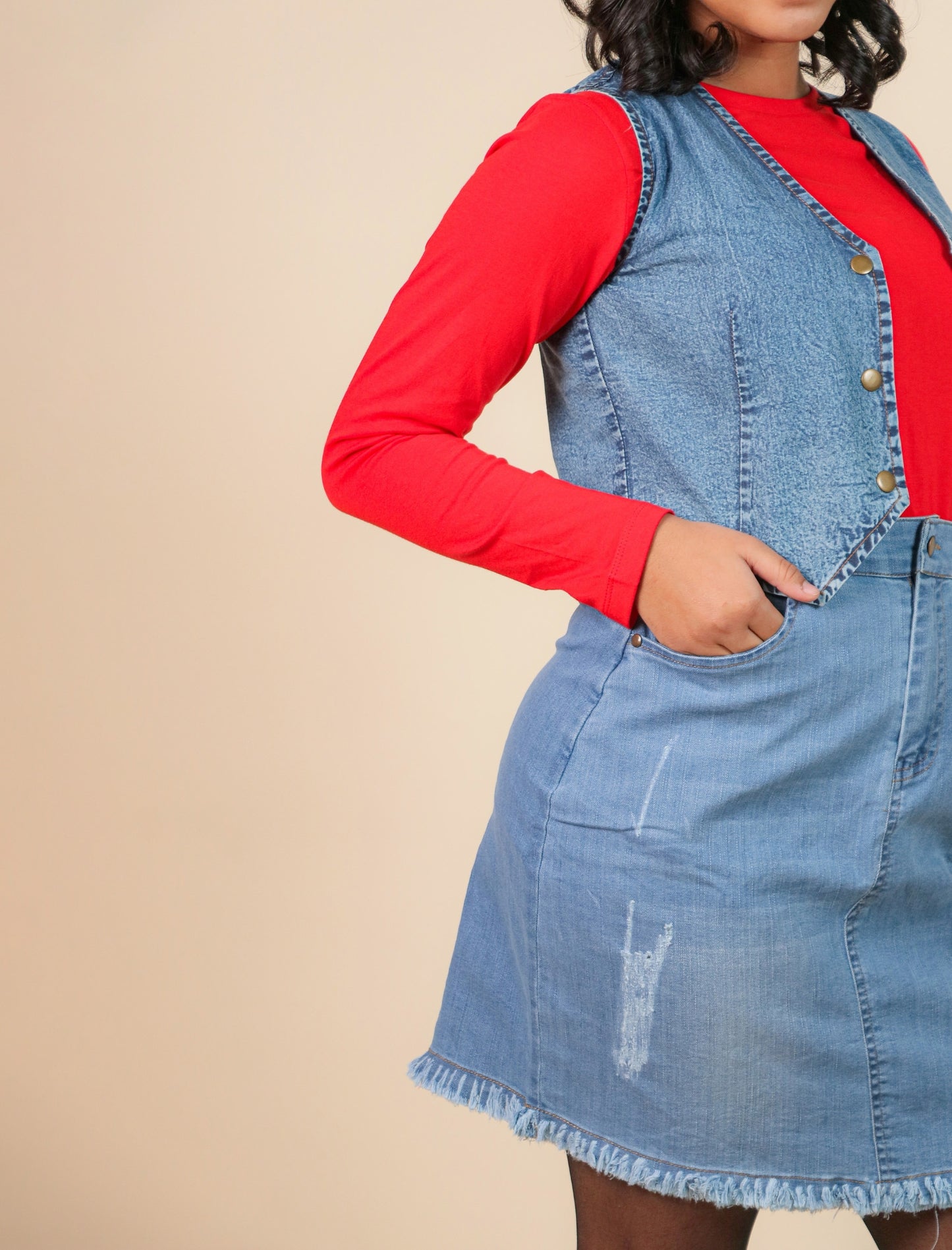 Denim Dreams Winter Co-ord Set of Waistcoat, Skirt & T-shirt for Girls Kids (Light Blue)