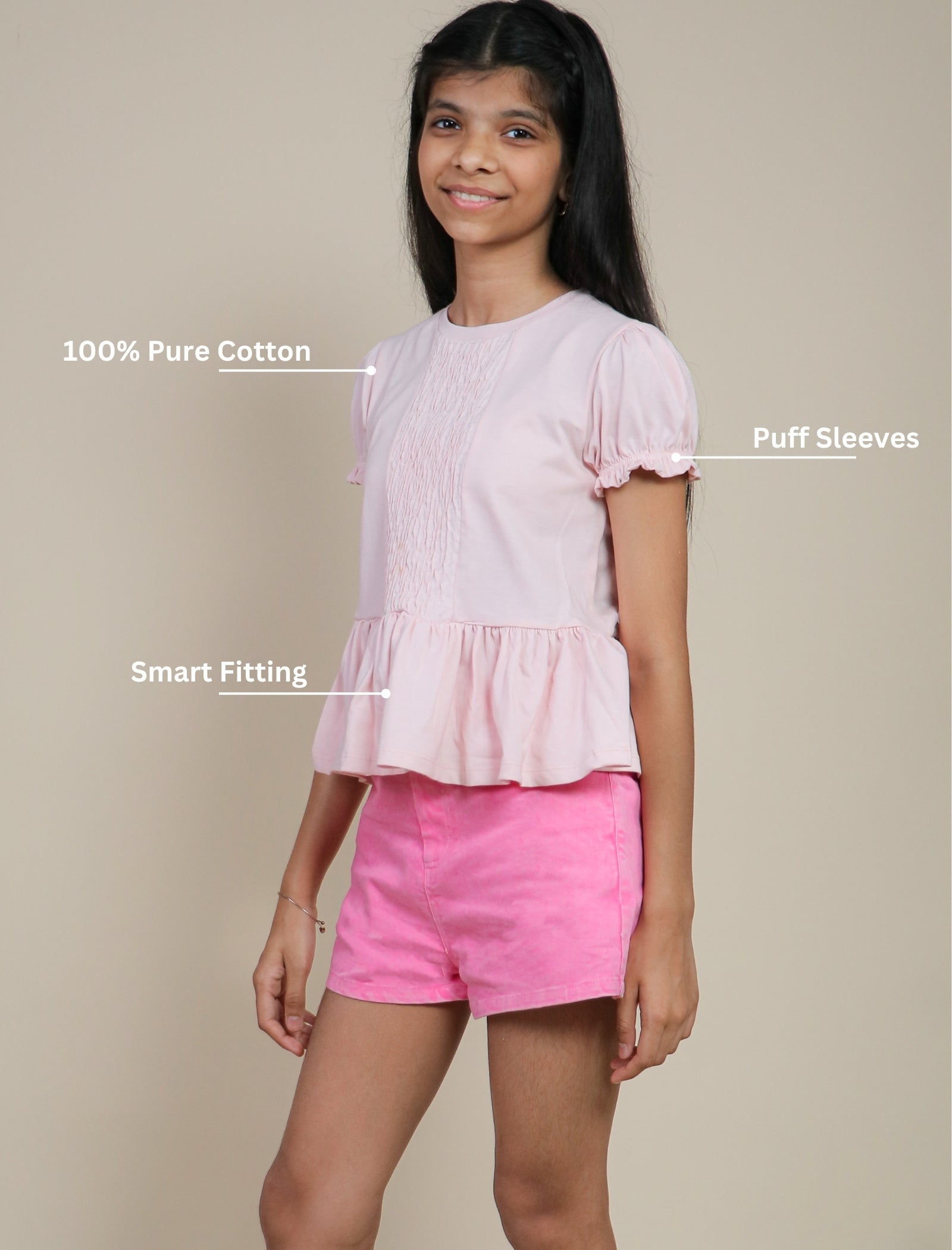 Girls Tops for Summer | Pure Cotton Smocked Peplum Top – Blush Pink