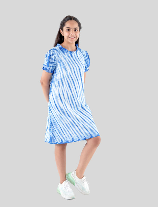 Girls Kids Pure Cotton Tie Dye Shibori Style Puffed Sleeve Dress (Classic Blue)