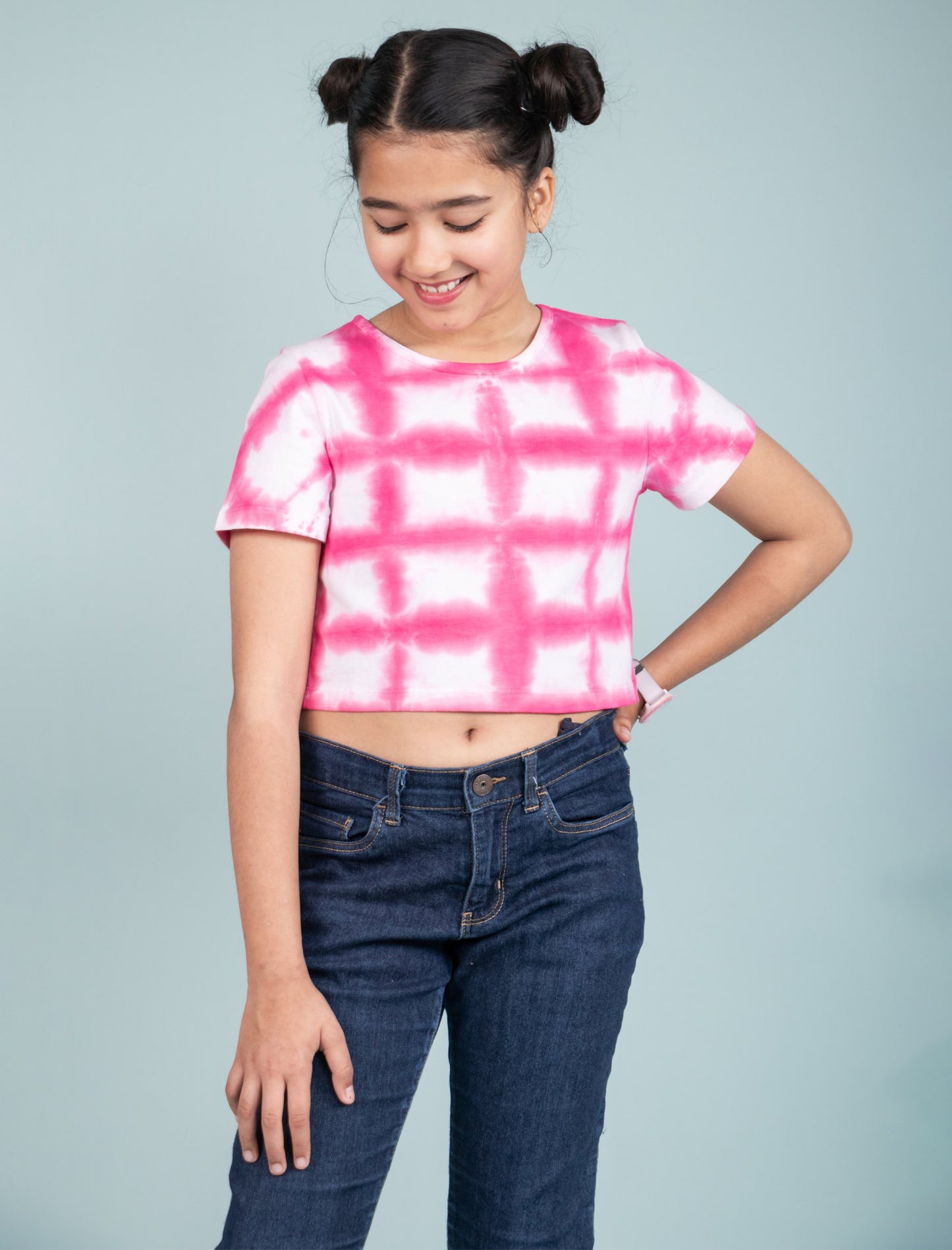 Girls Kids Tie-Dye Cotton Summer Crop Top T-Shirt (Fuchsia Pink)