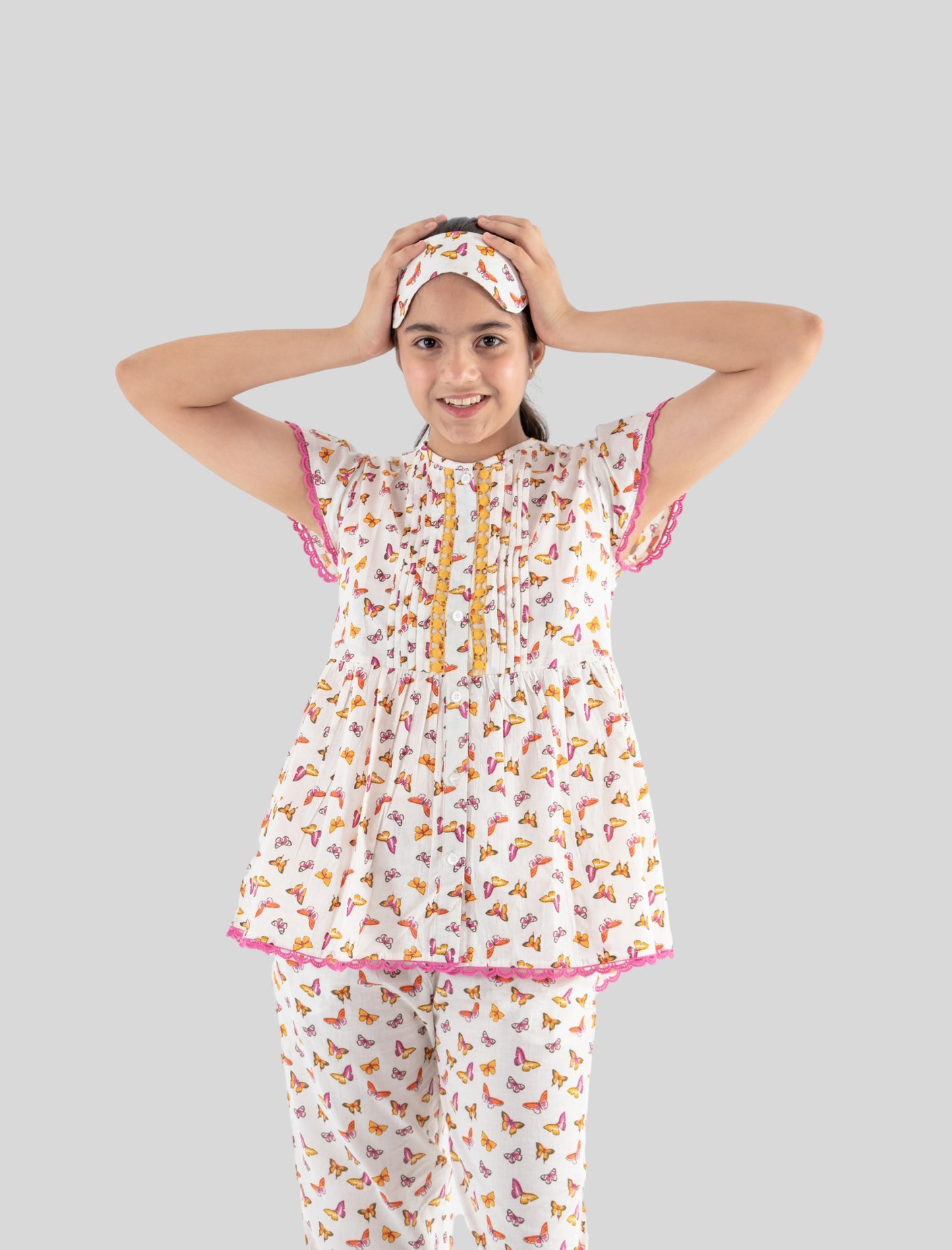 Girls Kids Pure Cotton Butterfly Print Nightsuit with Eye Cover (Off White)