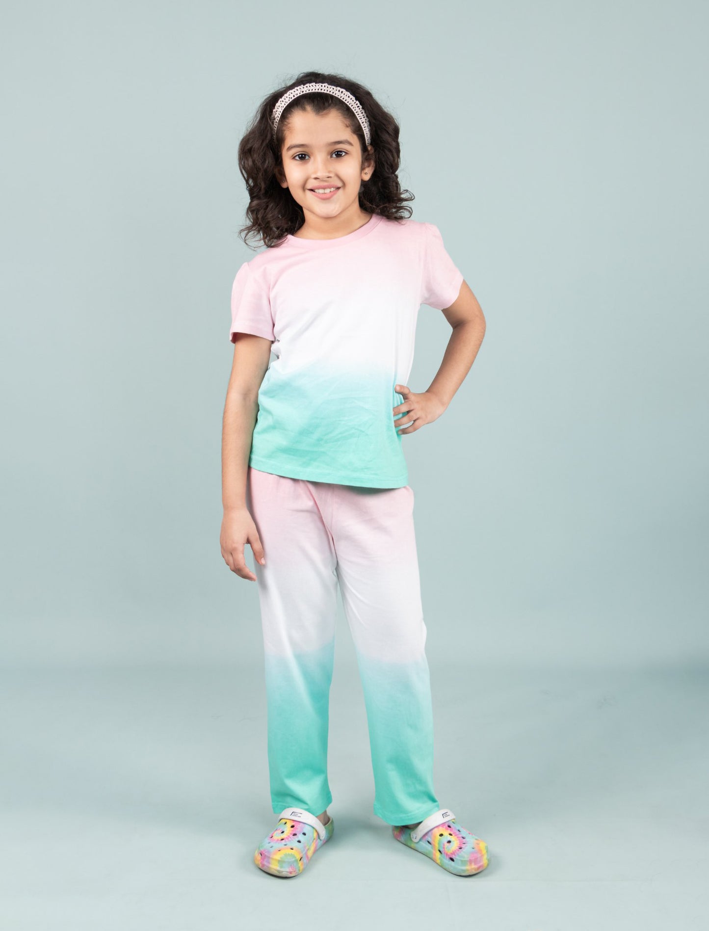 Girls Kids Ombre Pattern Tie-Dye Pure Cotton Sleepwear (Pink-Green)