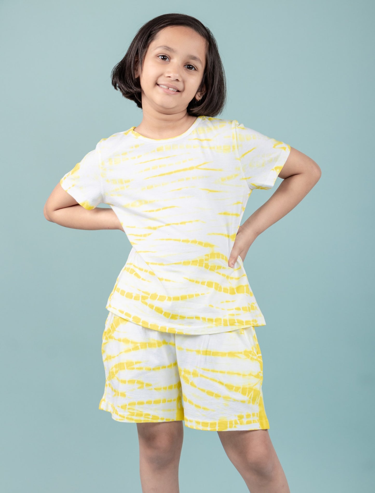 Girls Kids Cotton Tie-Dye T-shirt and Shorts Loungewear Co-ordinate Set (Yellow)
