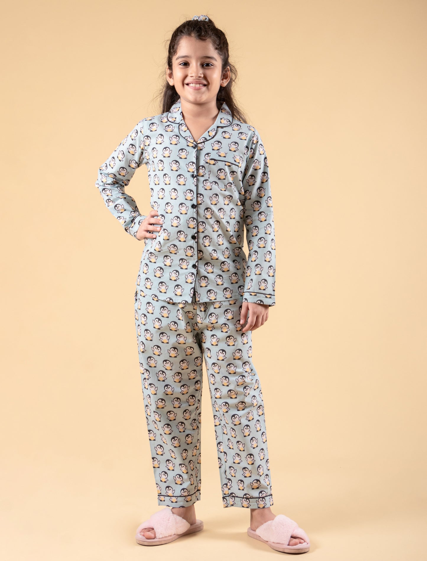 Cute Penguin Printed Nightsuit with Matching Scrunhie (Light Blue)