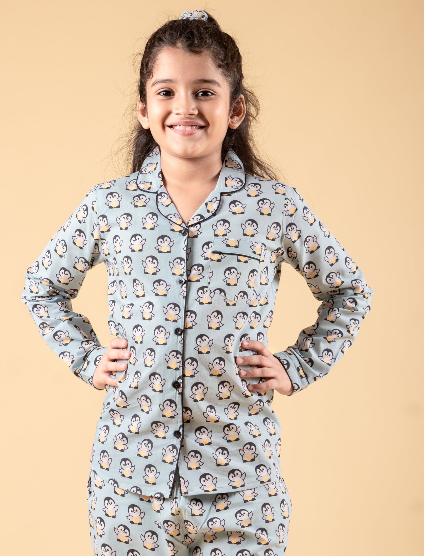 Cute Penguin Printed Nightsuit with Matching Scrunhie (Light Blue)