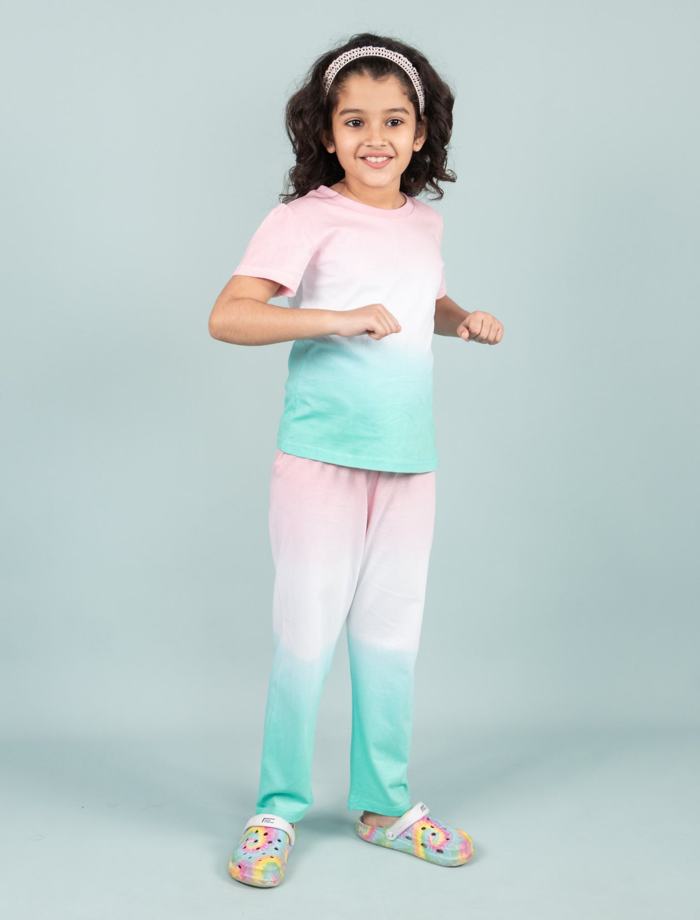 Girls Kids Ombre Pattern Tie-Dye Pure Cotton Sleepwear (Pink-Green)