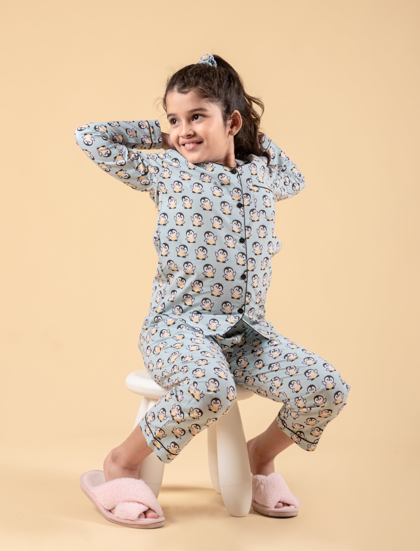 Cute Penguin Printed Nightsuit with Matching Scrunhie (Light Blue)