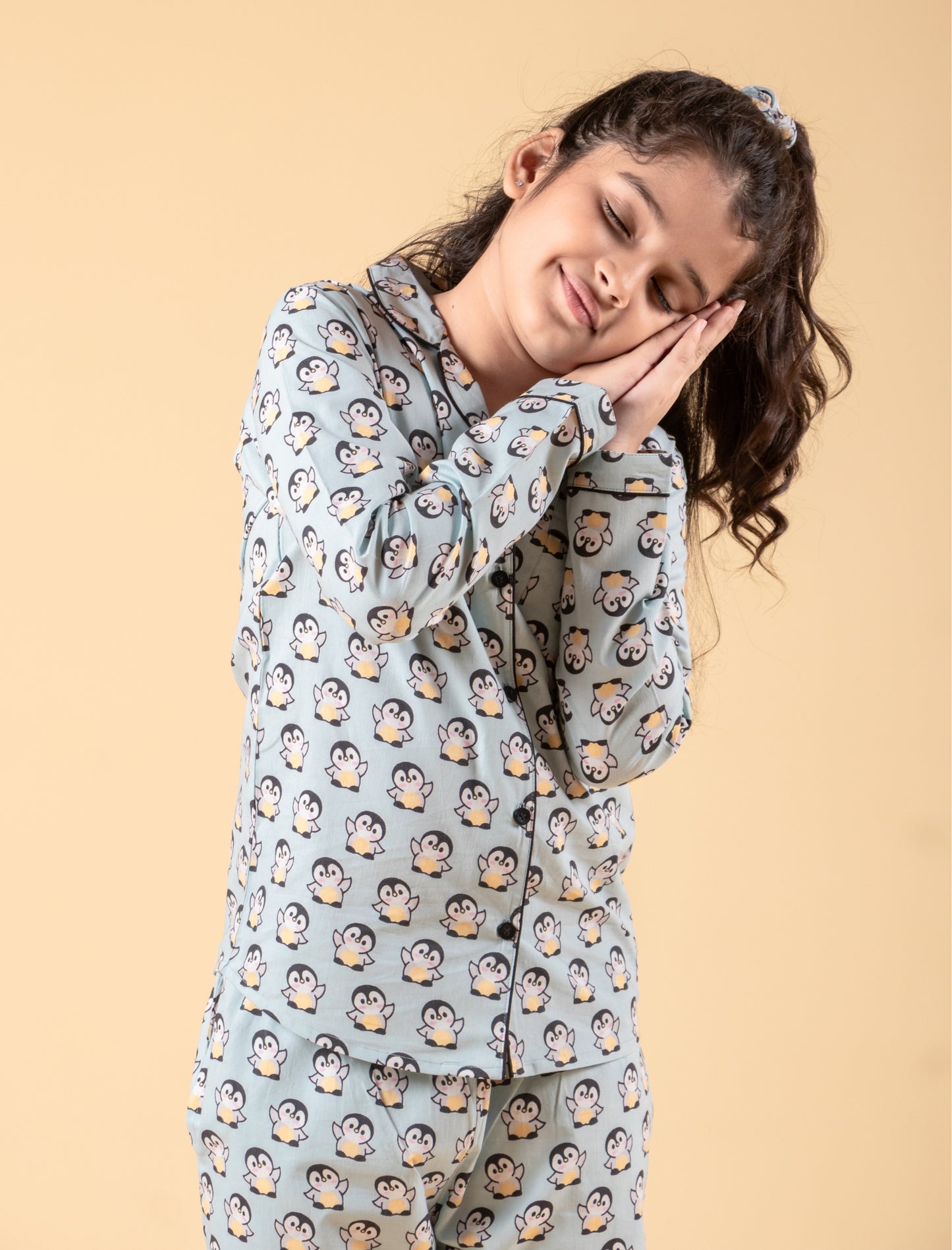 Cute Penguin Printed Nightsuit with Matching Scrunhie (Light Blue)