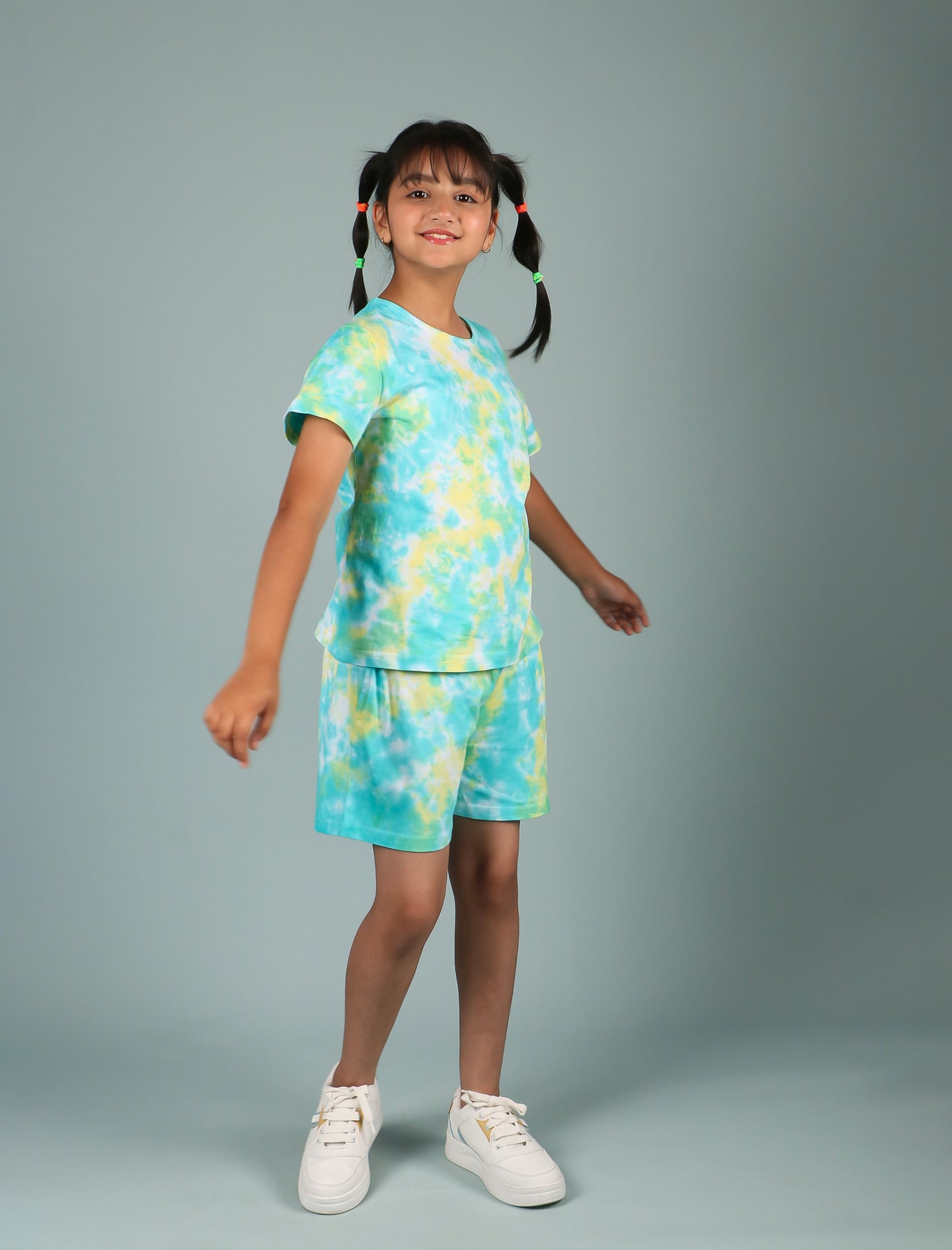 Girls Kids Cotton Tie-Dye T-shirt and Shorts Loungewear Co-ordinate Set (Lemon Green)