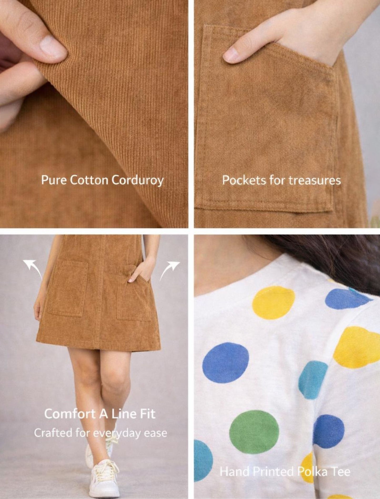 Classic Corduroy Girls Kids Pinafore Dress with Half Sleeve T-Shirt (Beige)