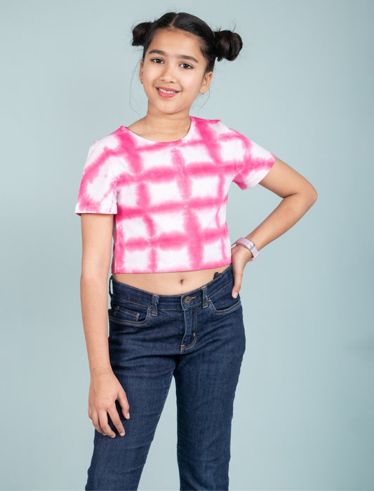 Girls Kids Tie-Dye Cotton Summer Crop Top T-Shirt (Fuchsia Pink)