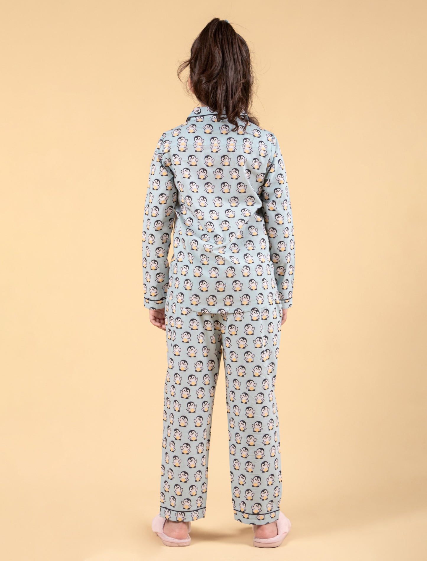 Cute Penguin Printed Nightsuit with Matching Scrunhie (Light Blue)