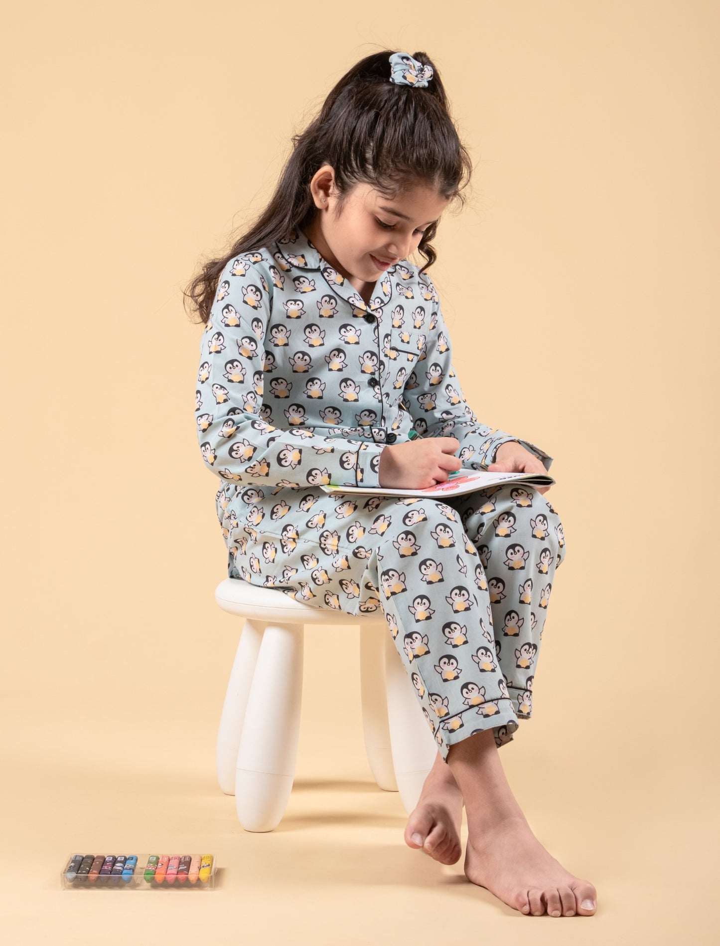 Cute Penguin Printed Nightsuit with Matching Scrunhie (Light Blue)