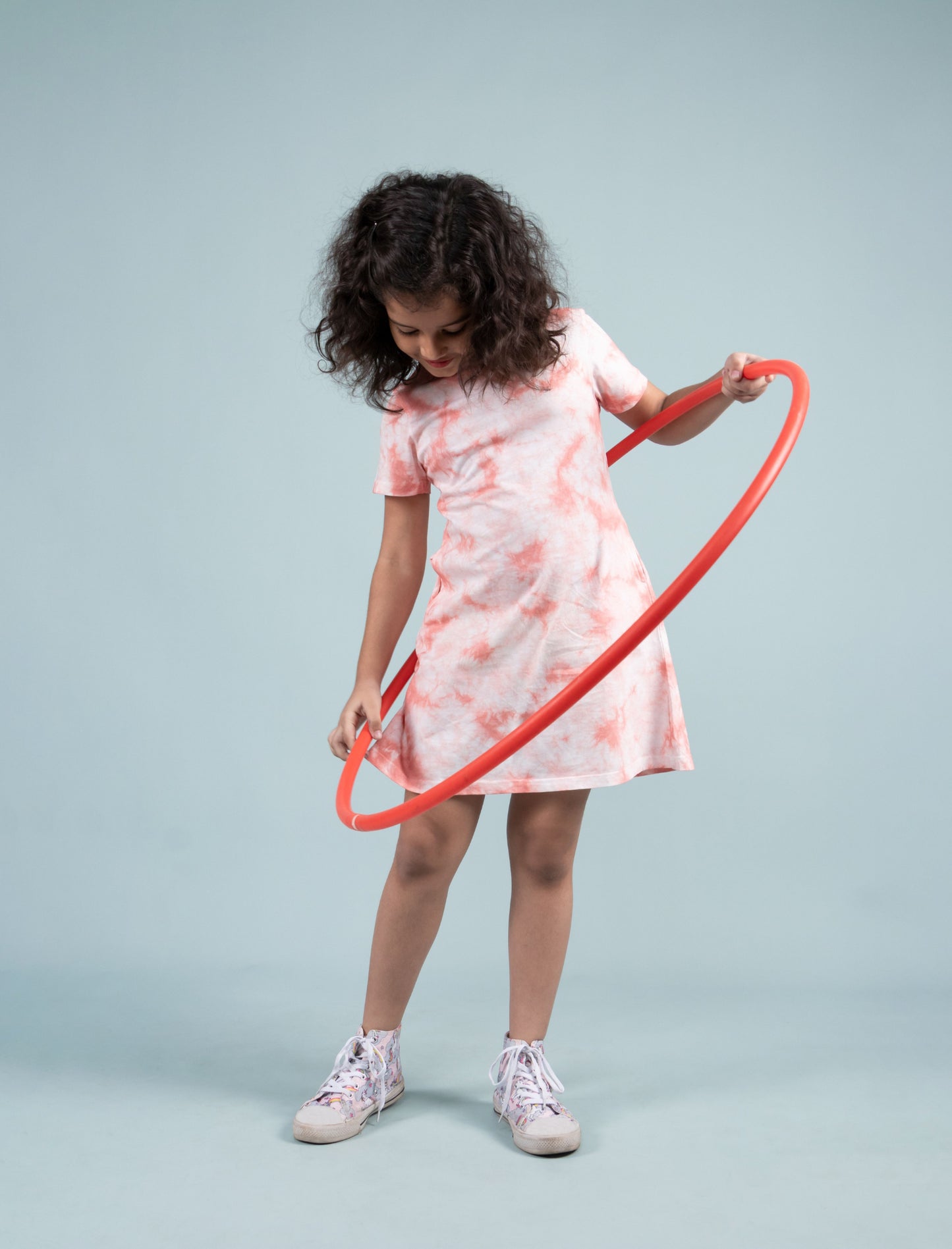 Girls Kids Tie-Dye A-Line Summer Dress With Pocket (Rose Pink)