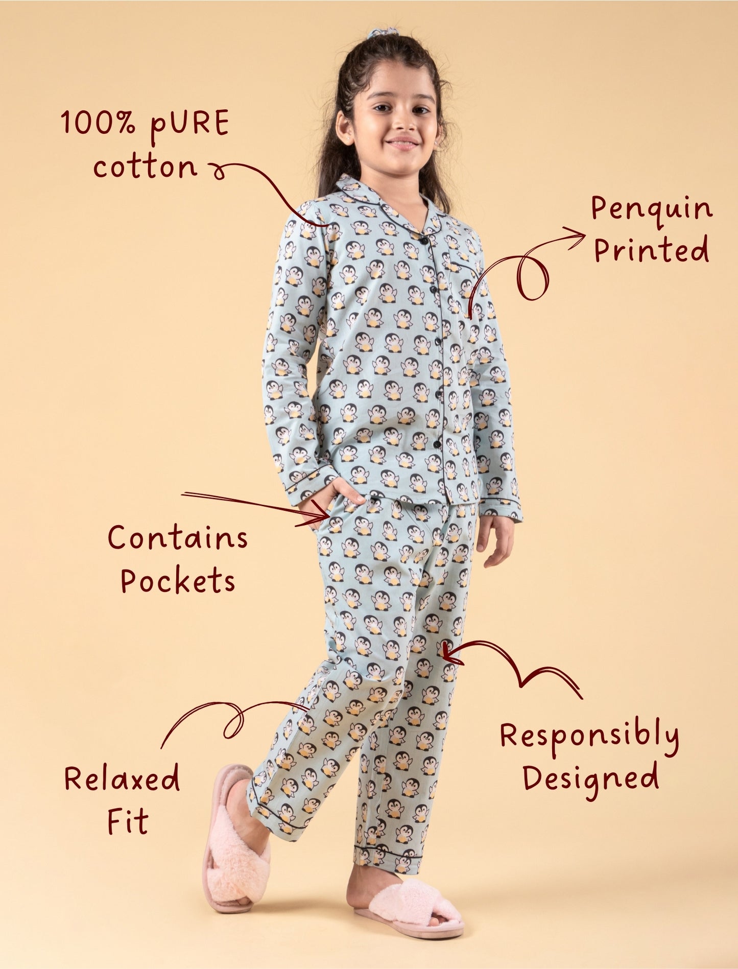 Cute Penguin Printed Nightsuit with Matching Scrunhie (Light Blue)