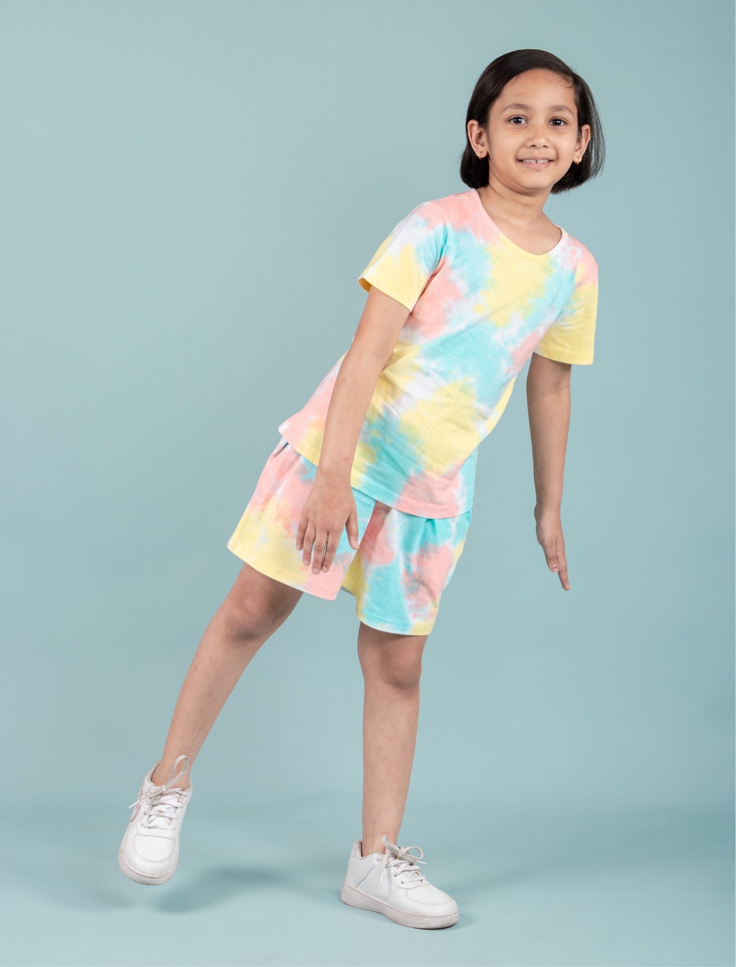 Girls Kids Cotton Tie-Dye T-shirt and Shorts Loungewear Co-ordinate Set (Multi)