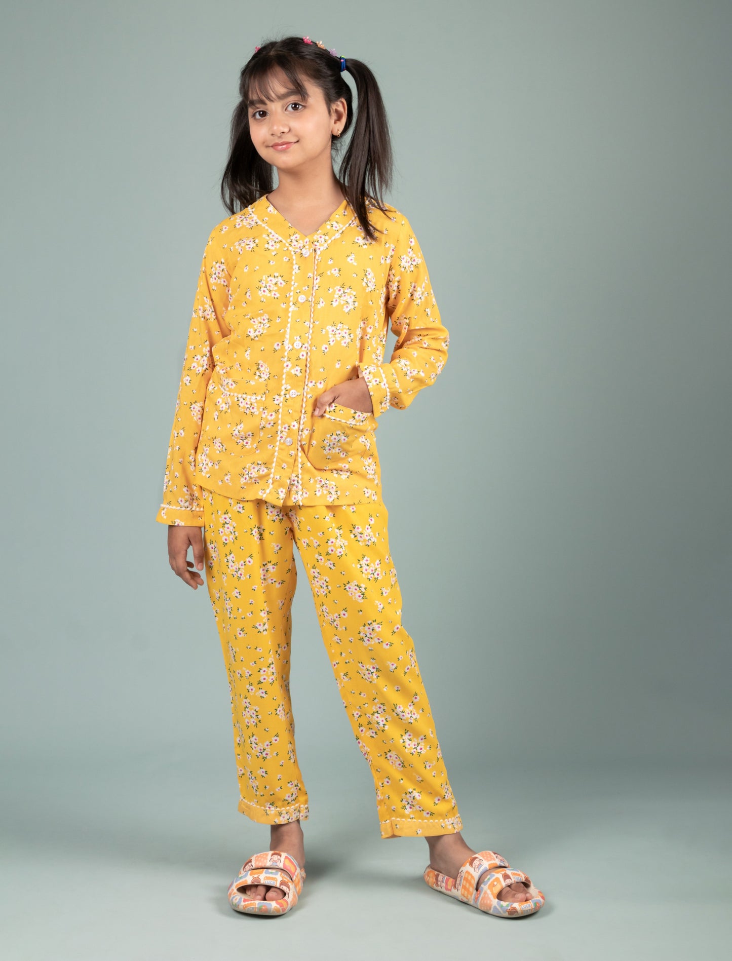 Girls Kids Floral Pure Rayon Print Full Sleeve Night Suit (Yellow)