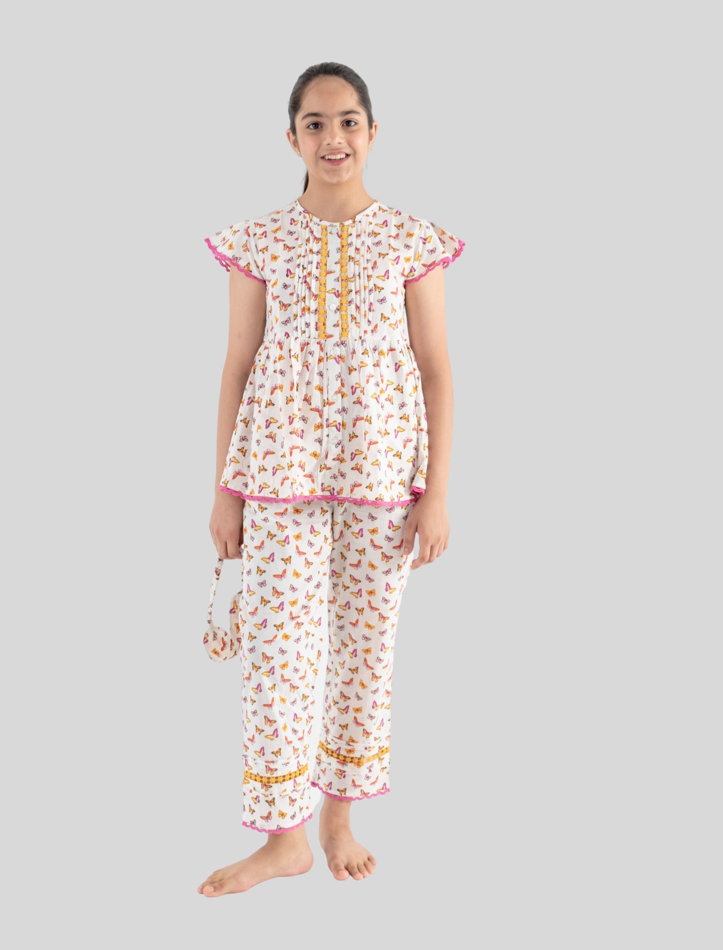Girls Kids Pure Cotton Butterfly Print Nightsuit with Eye Cover (Off White)