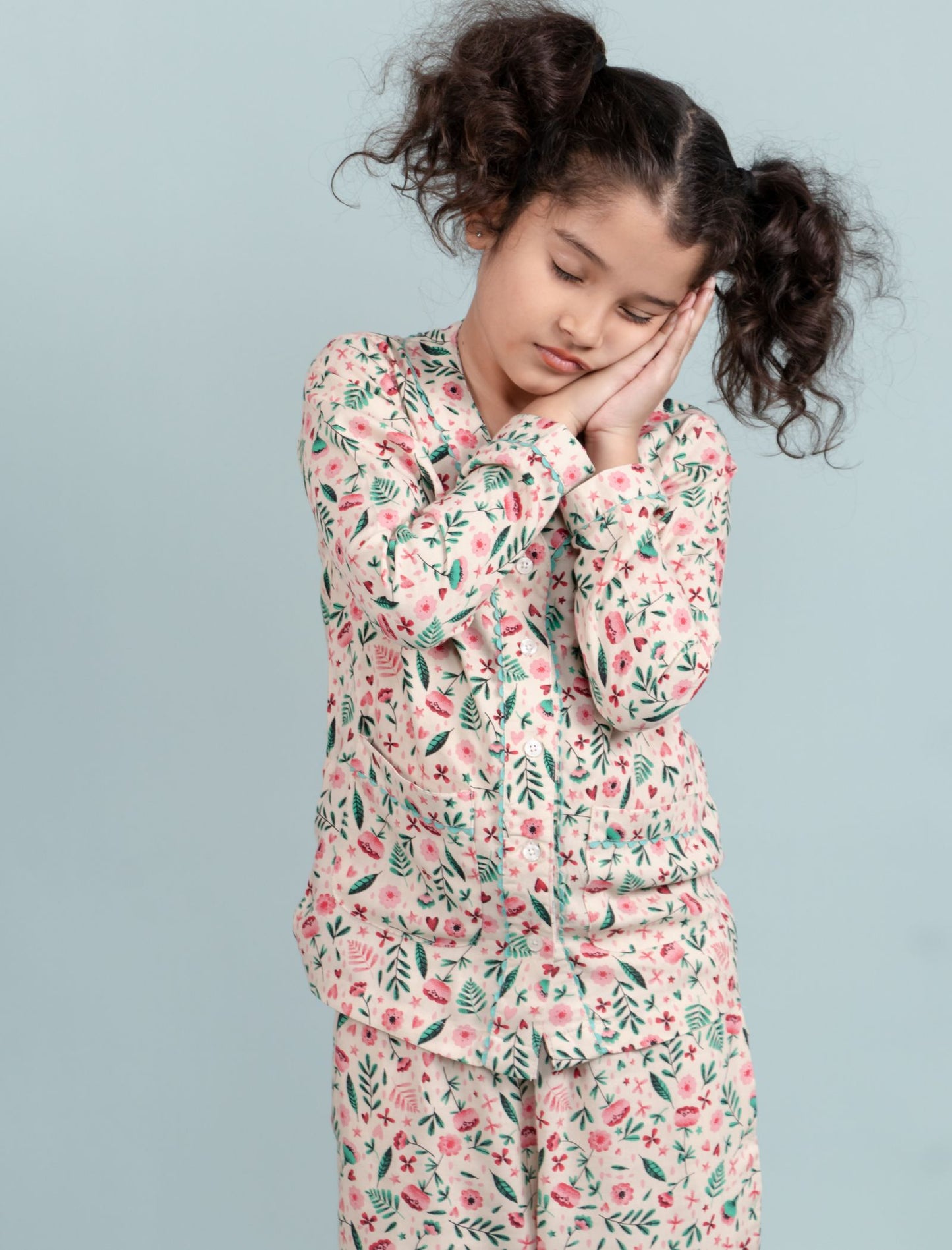 Girls Kids Floral Print Full Sleeve Night Suit (Beige)