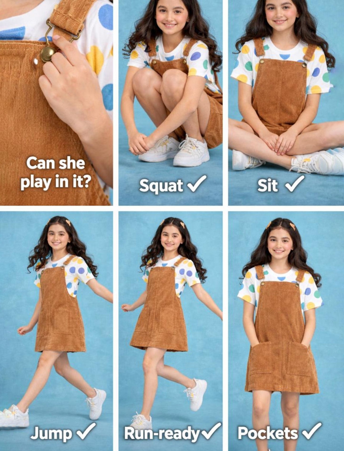 Classic Corduroy Girls Kids Pinafore Dress with Half Sleeve T-Shirt (Beige)