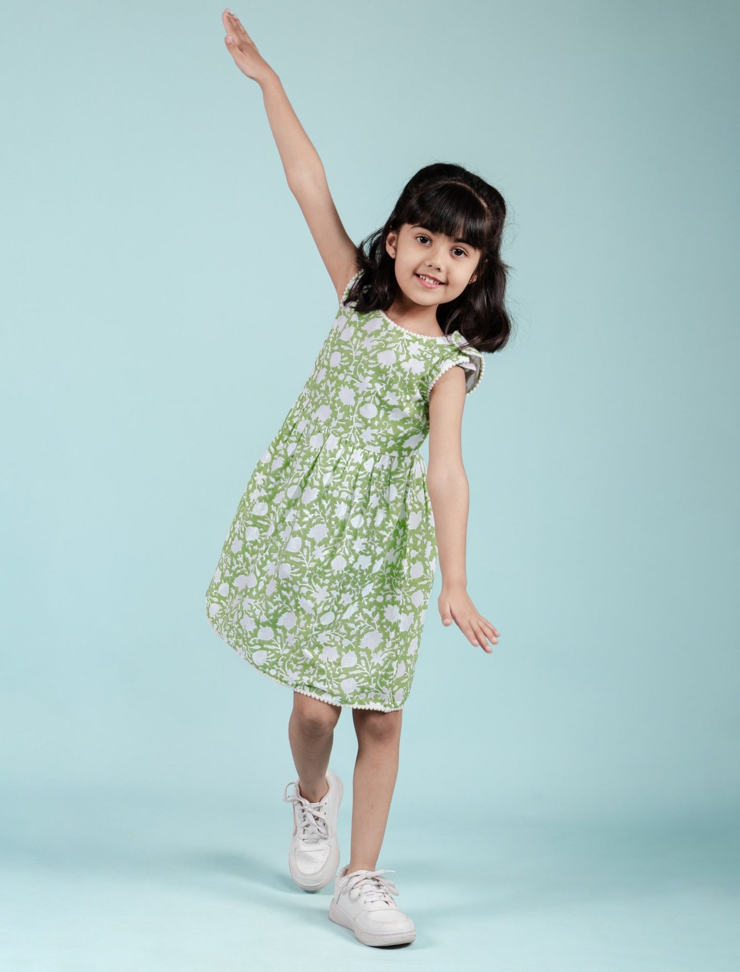 Girls Kids Block Printed Pure Cotton Sleeveless Summer Dress (Green)