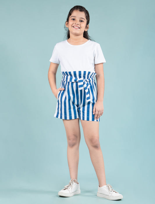 Girls Kids Pure Cotton Summer Striped Shorts (Blue)