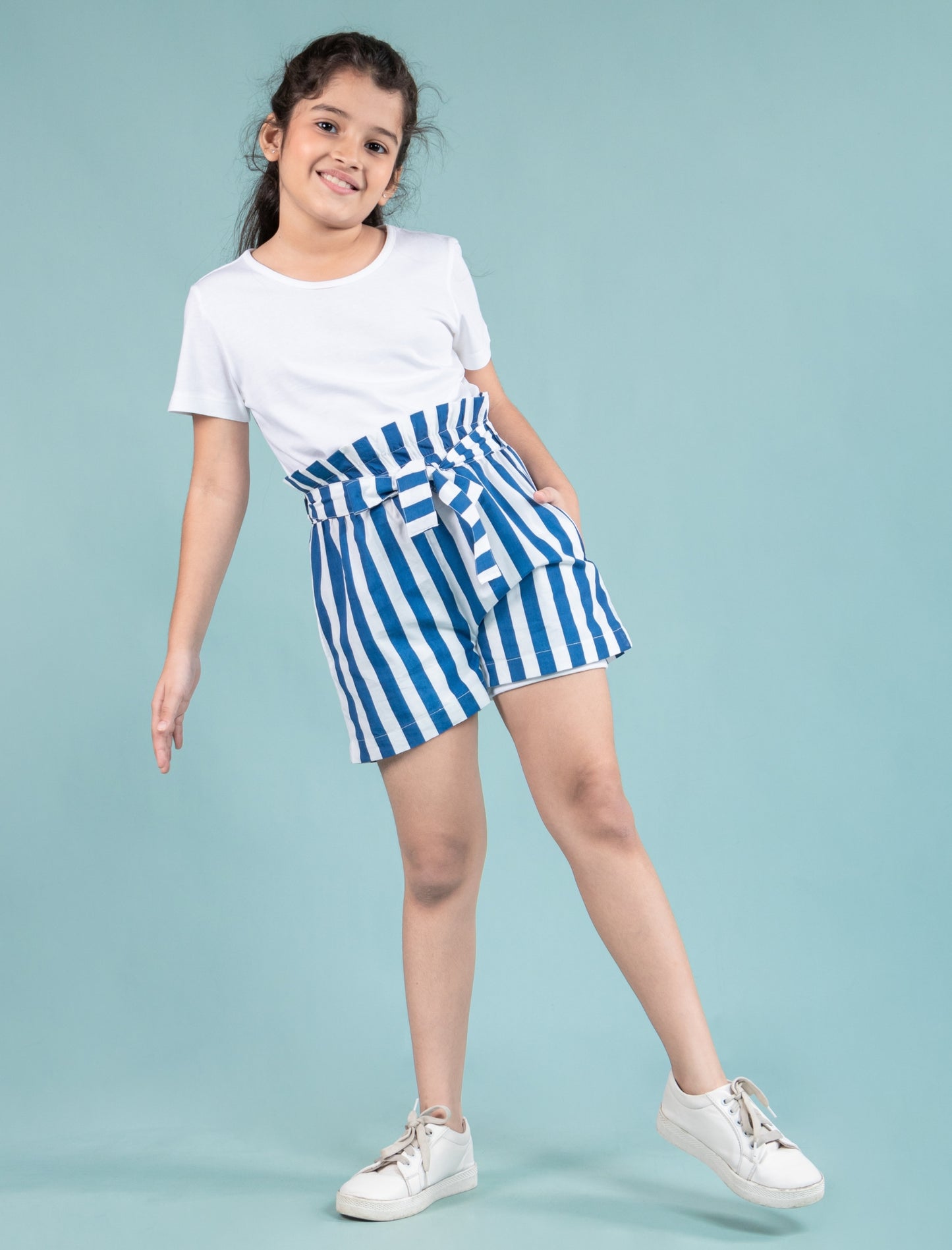 Girls Kids Pure Cotton Summer Striped Shorts (Blue)