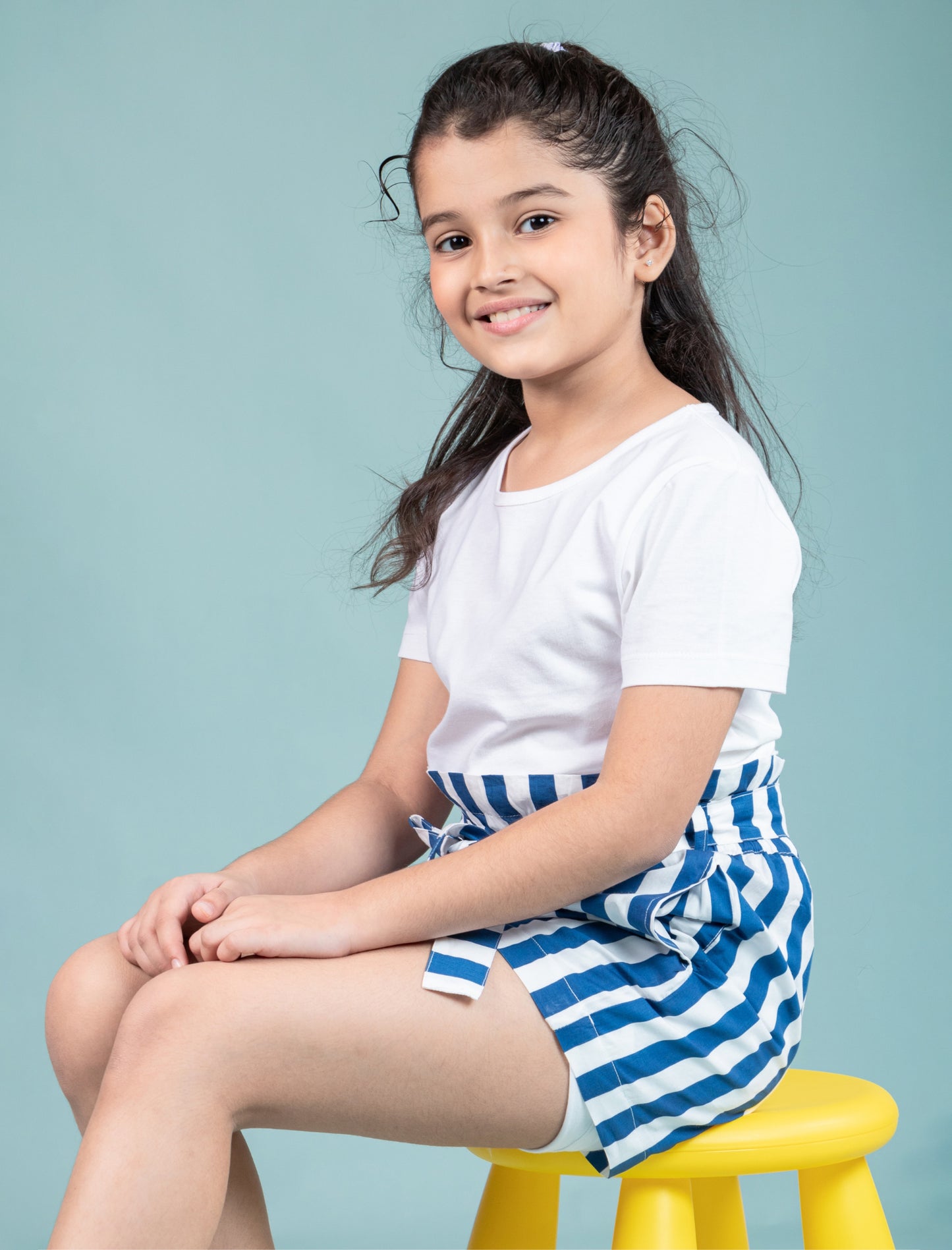 Girls Kids Pure Cotton Summer Striped Shorts (Blue)