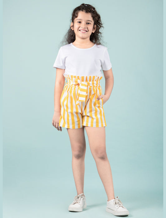 Girls Kids Pure Cotton Summer Striped Shorts (Yellow)