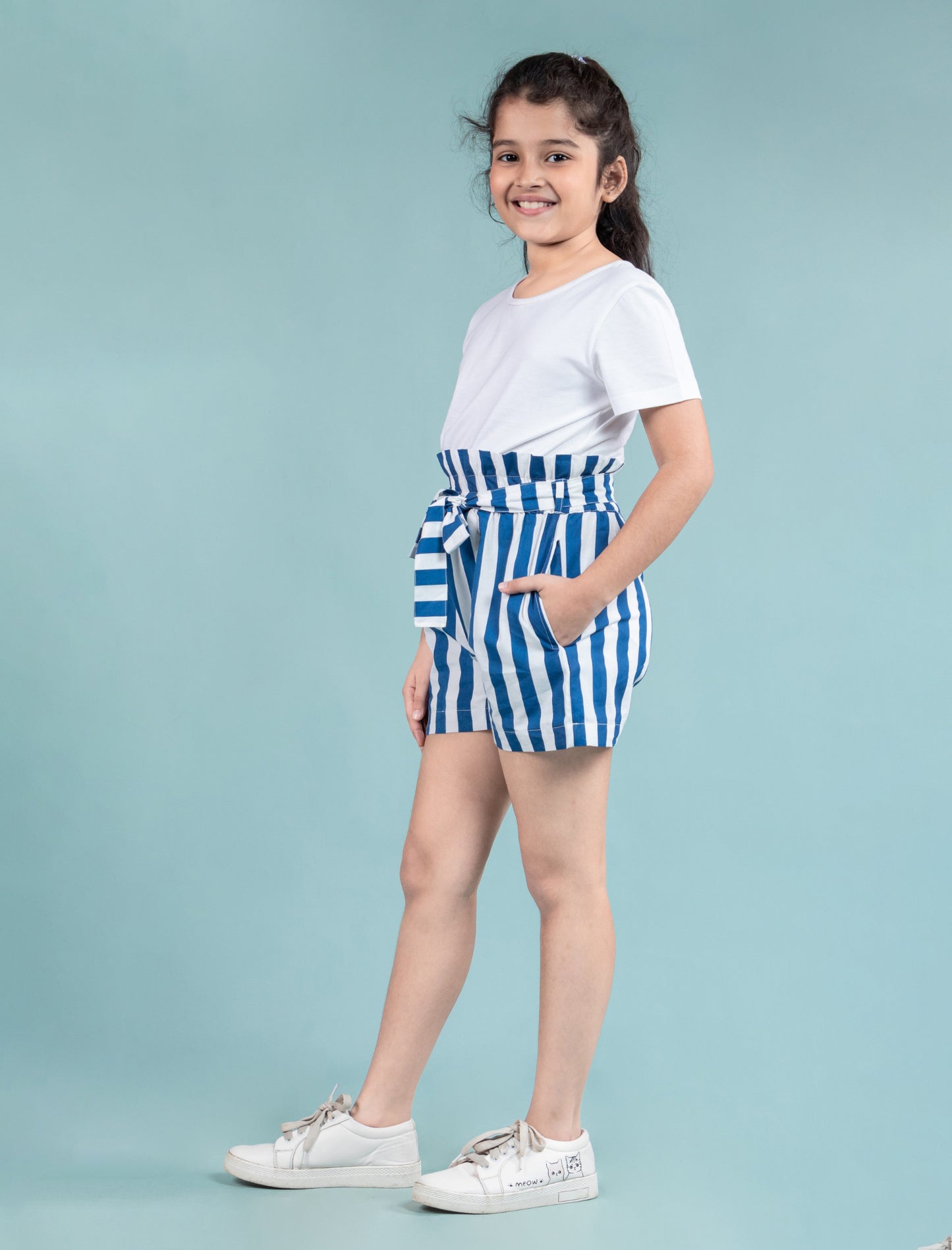 Girls Kids Pure Cotton Summer Striped Shorts (Blue)