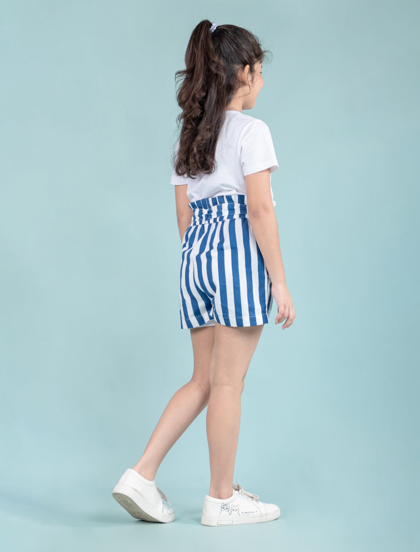 Girls Kids Pure Cotton Summer Striped Shorts (Blue)