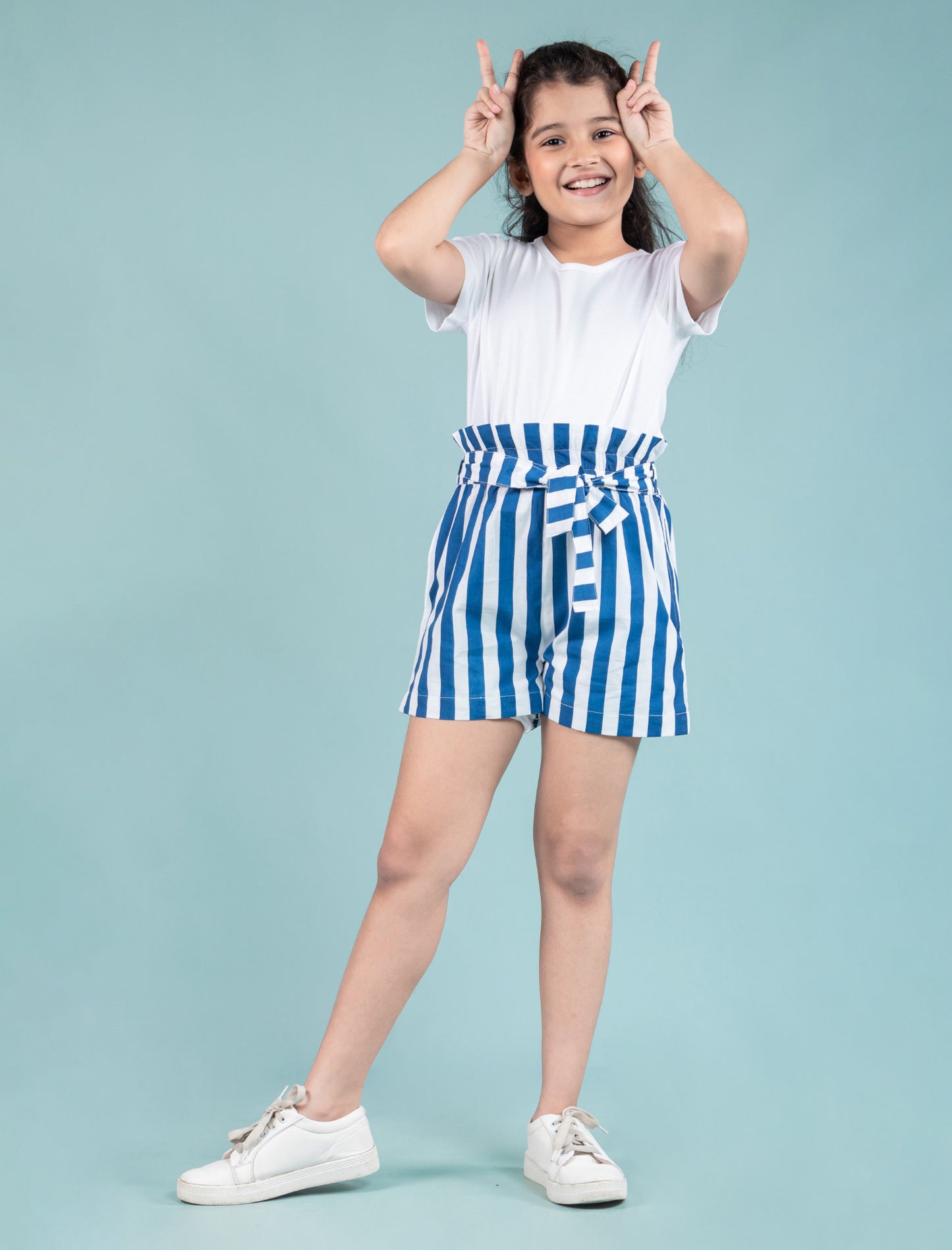 Girls Kids Pure Cotton Summer Striped Shorts (Blue)