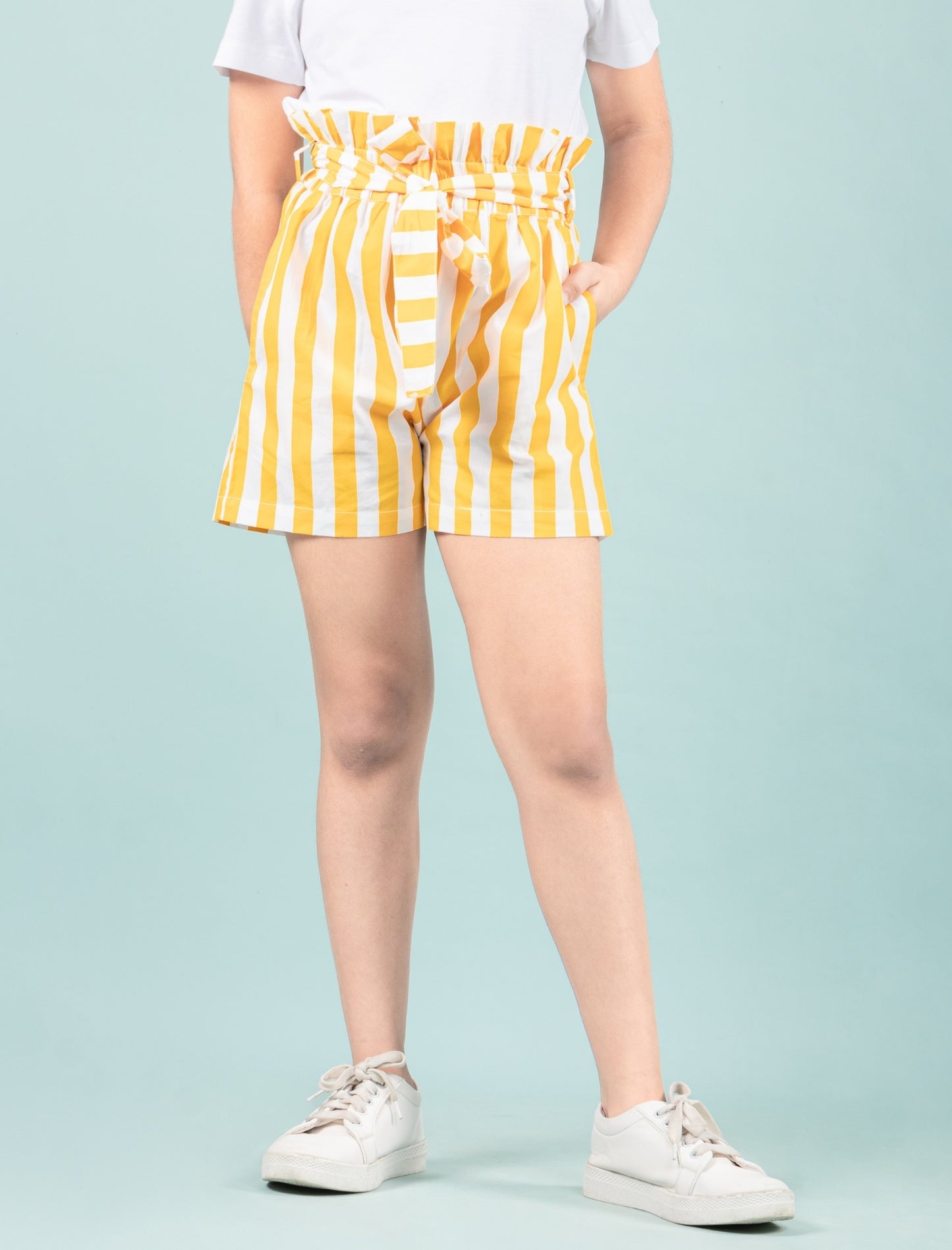 Girls Kids Pure Cotton Summer Striped Shorts (Yellow)