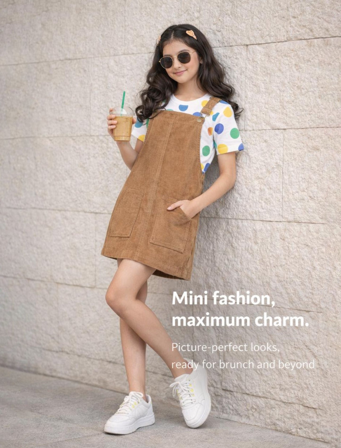 Classic Corduroy Girls Kids Pinafore Dress with Half Sleeve T-Shirt (Beige)