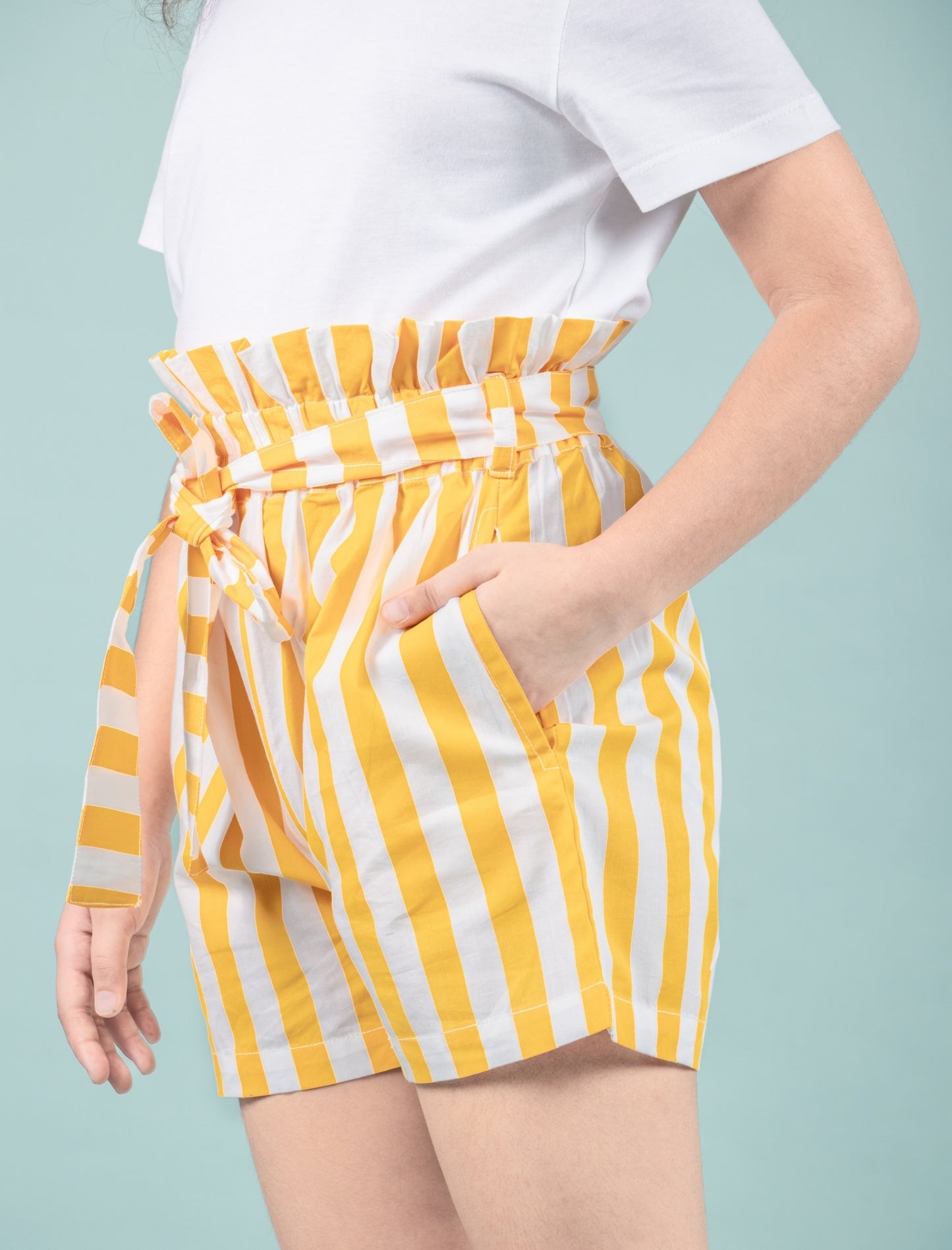 Girls Kids Pure Cotton Summer Striped Shorts (Yellow)